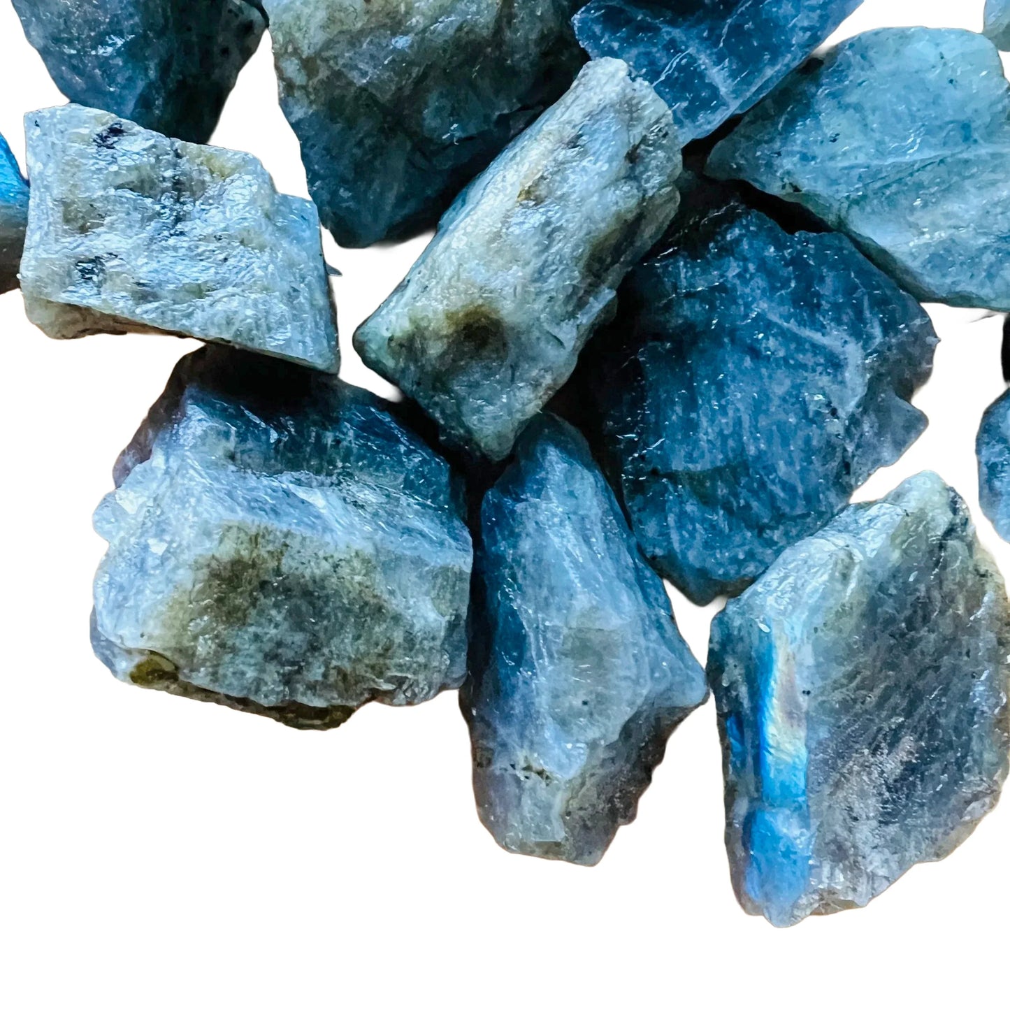 Profile view of Grade A Labradorite raw stone, showing natural sheen, sourced from Atsimo-Andrefana, Madagascar.