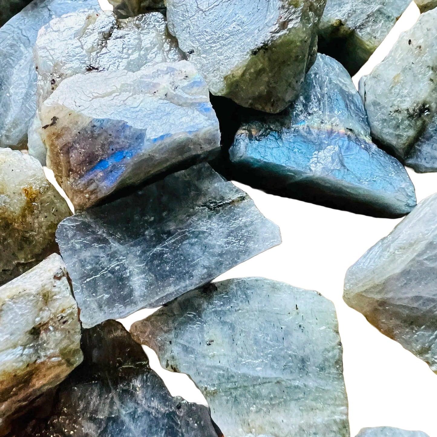Reverse side of Labradorite raw stone, sourced from Madagascar, showing subtle veining.