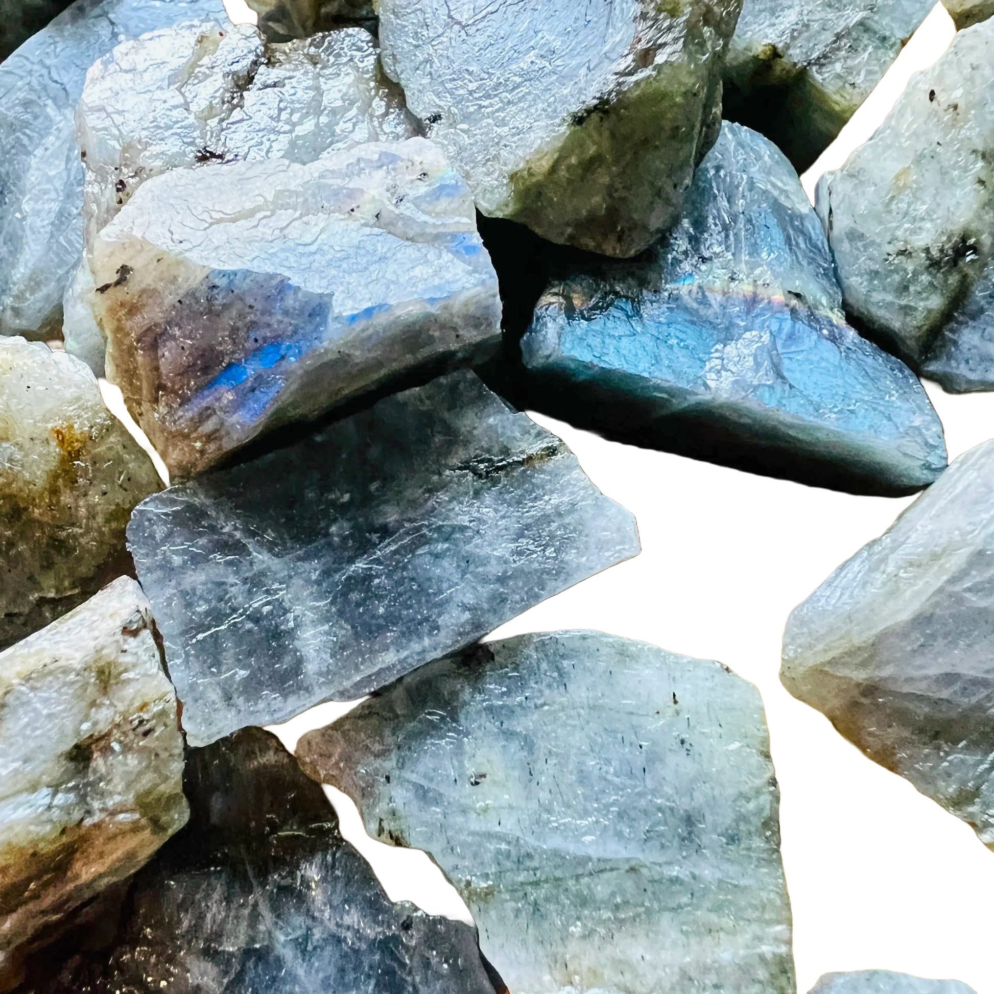 Reverse side of Labradorite raw stone, sourced from Madagascar, showing subtle veining.