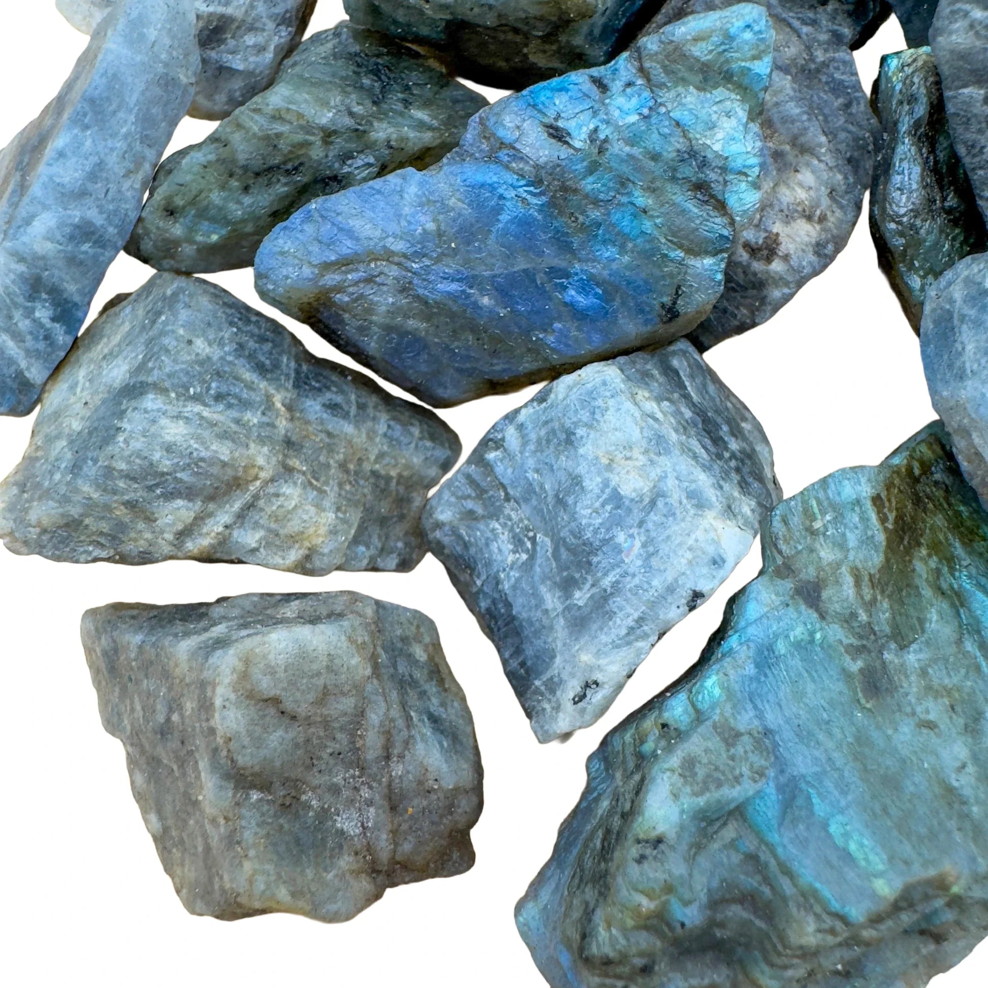 Full piece view of Labradorite raw crystal, from Atsimo-Andrefana, Madagascar, associated with Intuition, with depth visible across the surface.