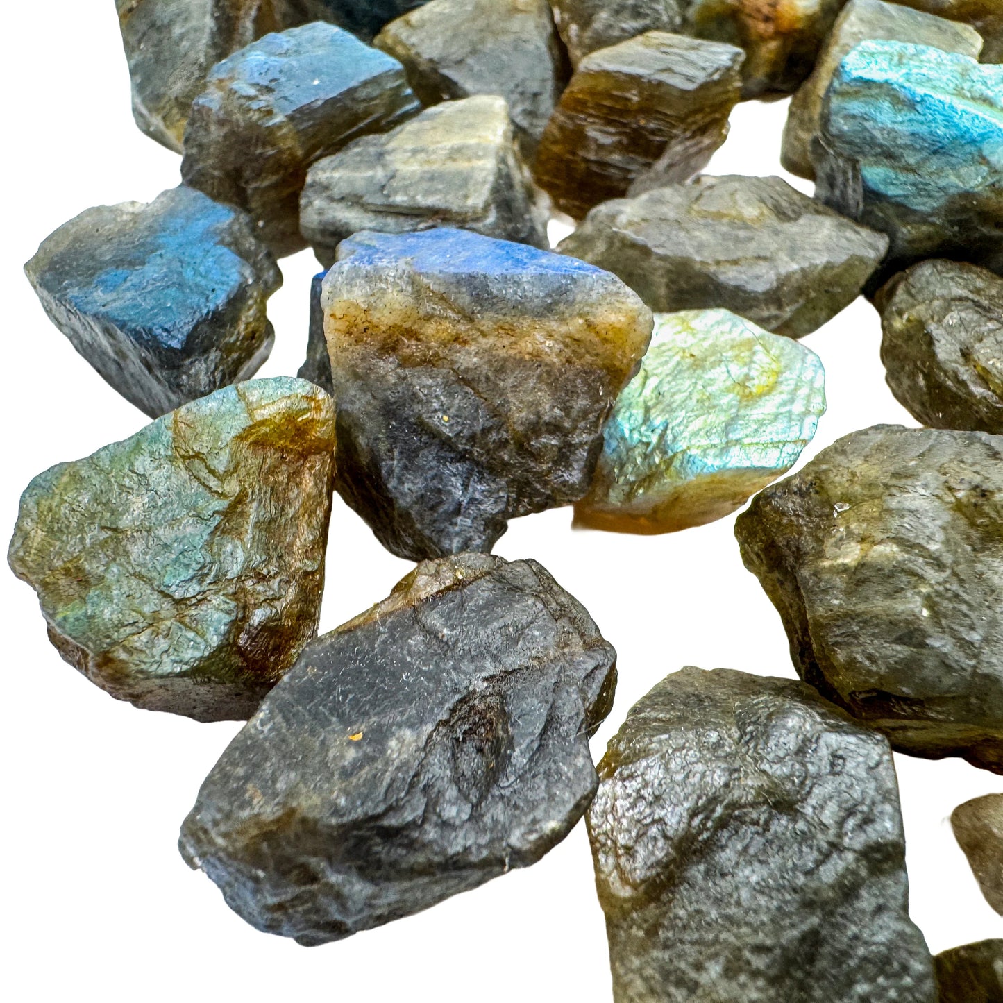 Group of Labradorite raw stones showing blue and gold rainbow flash on natural rough form, AA grade Madagascar