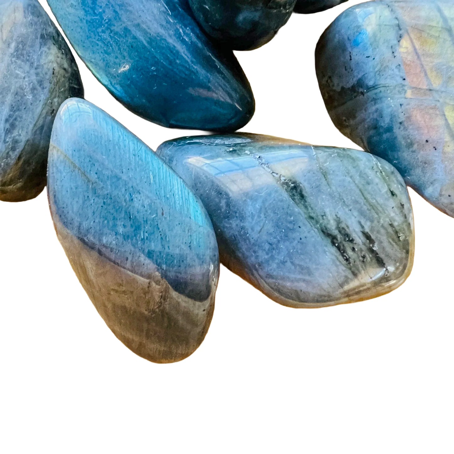 Texture-level view of Labradorite tumbled stone, showing glassy finish.