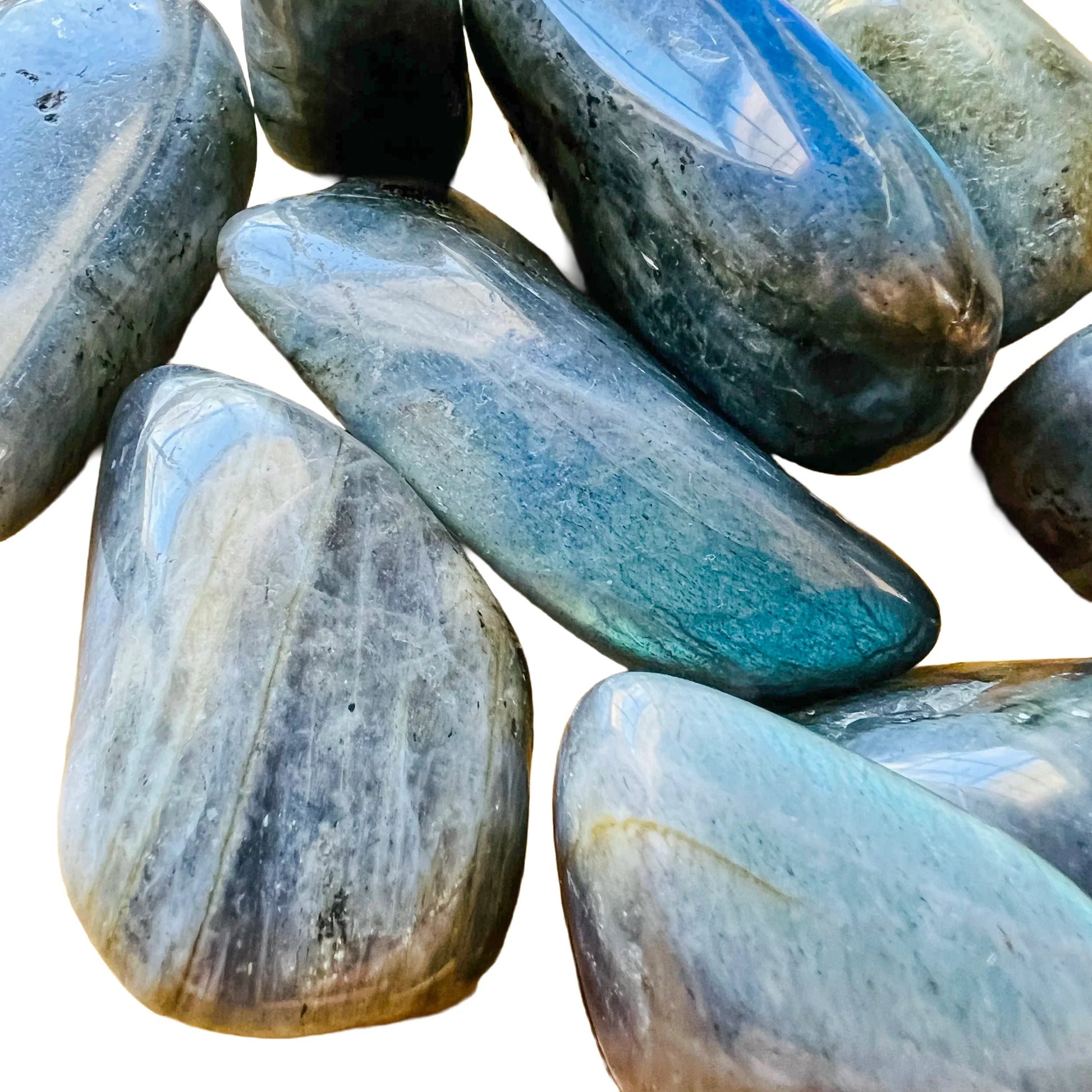 Top view of Labradorite tumbled stone, showing glassy finish, hand-selected from Atsimo-Andrefana, Madagascar.