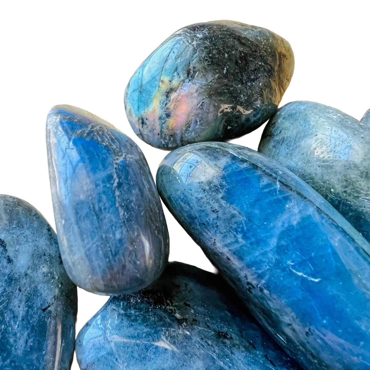 Alternate angle of Grade AA Labradorite tumbled stone, showing characteristic patterning.