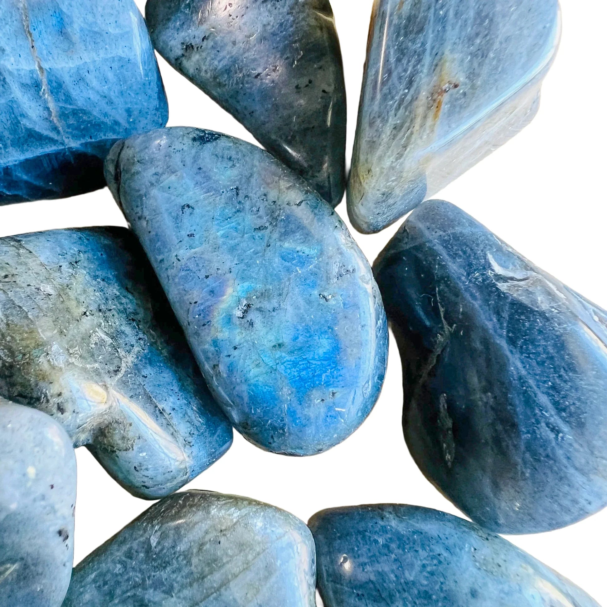 Edge-on view of Labradorite tumbled stone, showing characteristic patterning, often paired with practices around Intuition.