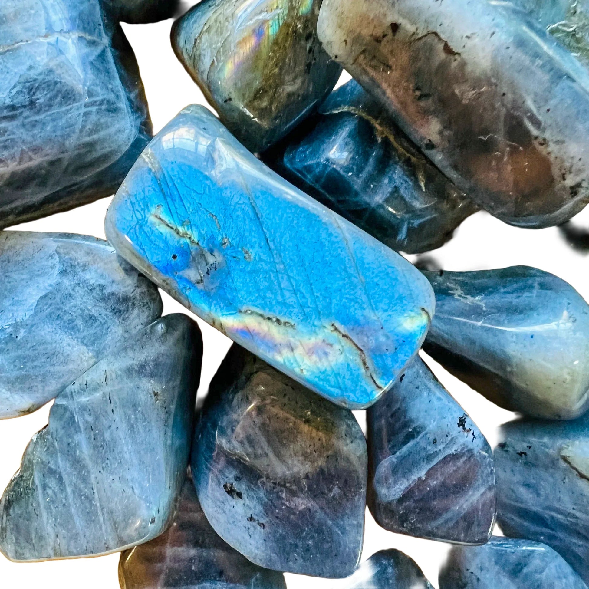 Top angle of Grade AA gray Labradorite tumbled stone, from Madagascar.
