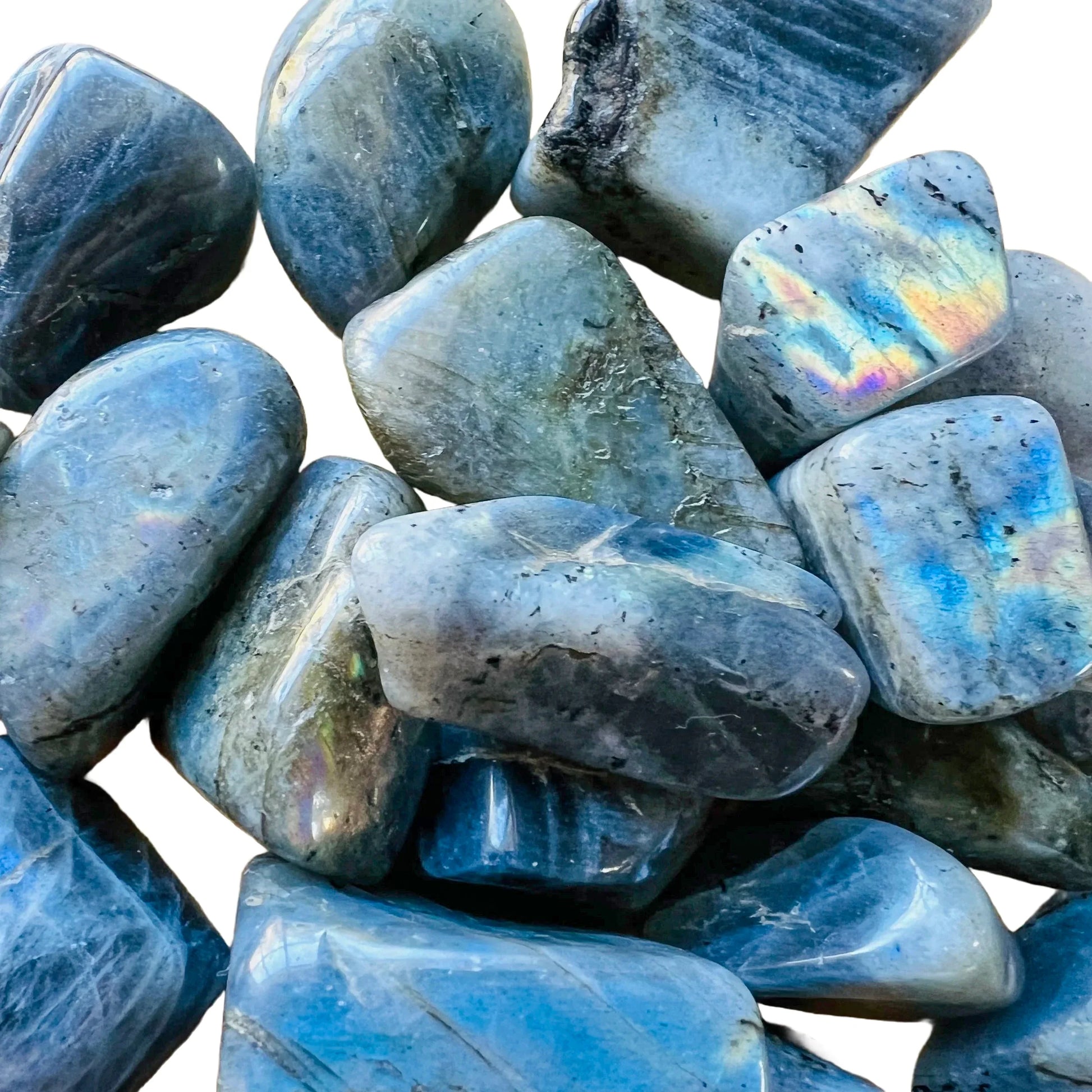 Alternate side of Labradorite tumbled stone, from Atsimo-Andrefana, Madagascar.