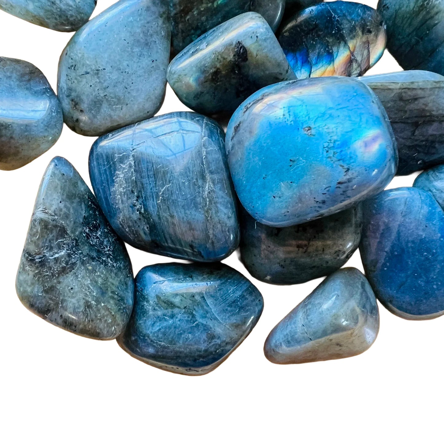 Profile view of Labradorite tumbled stone, sourced from Madagascar, showing natural variation.