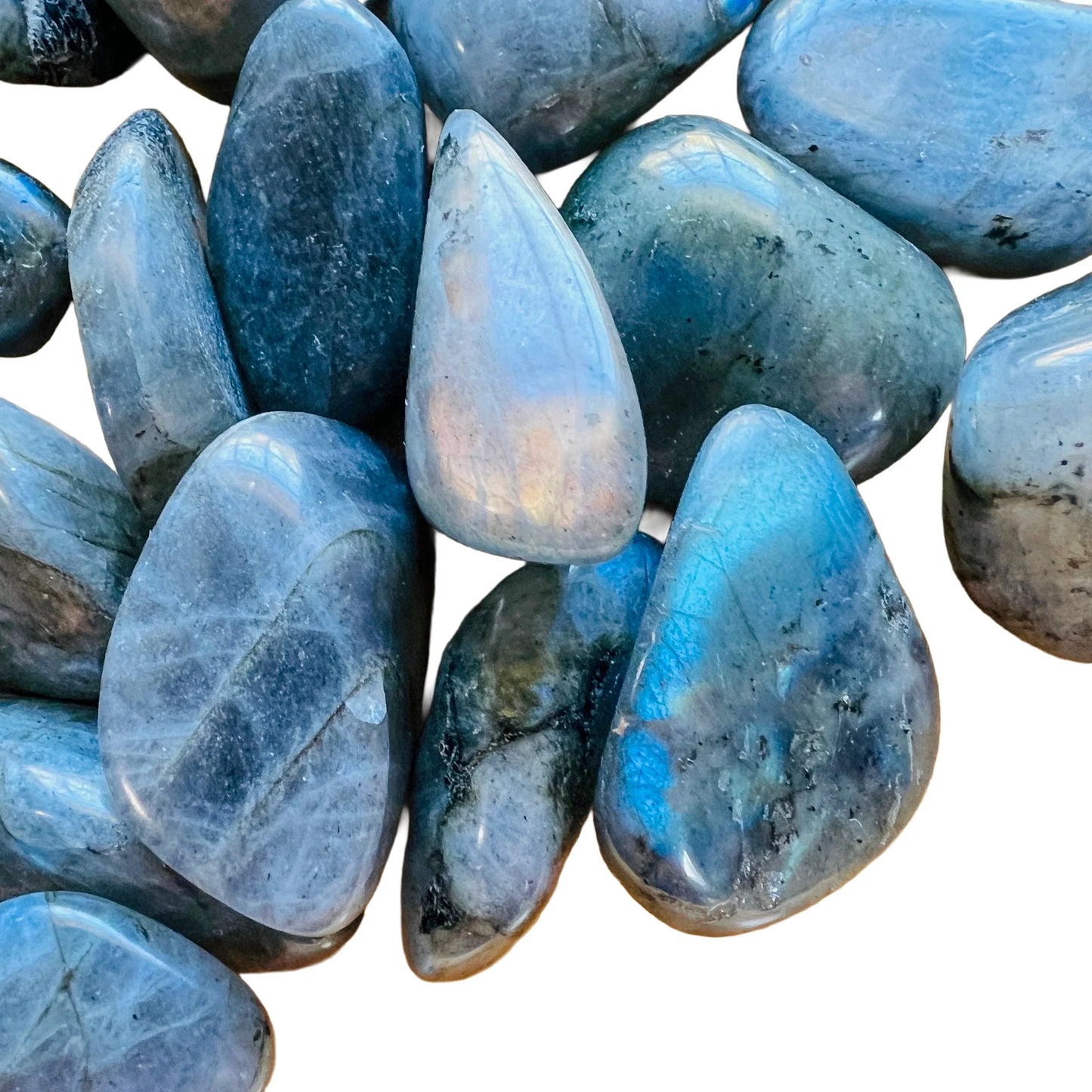 Aerial view of gray Labradorite tumbled stone, showing translucent edges.