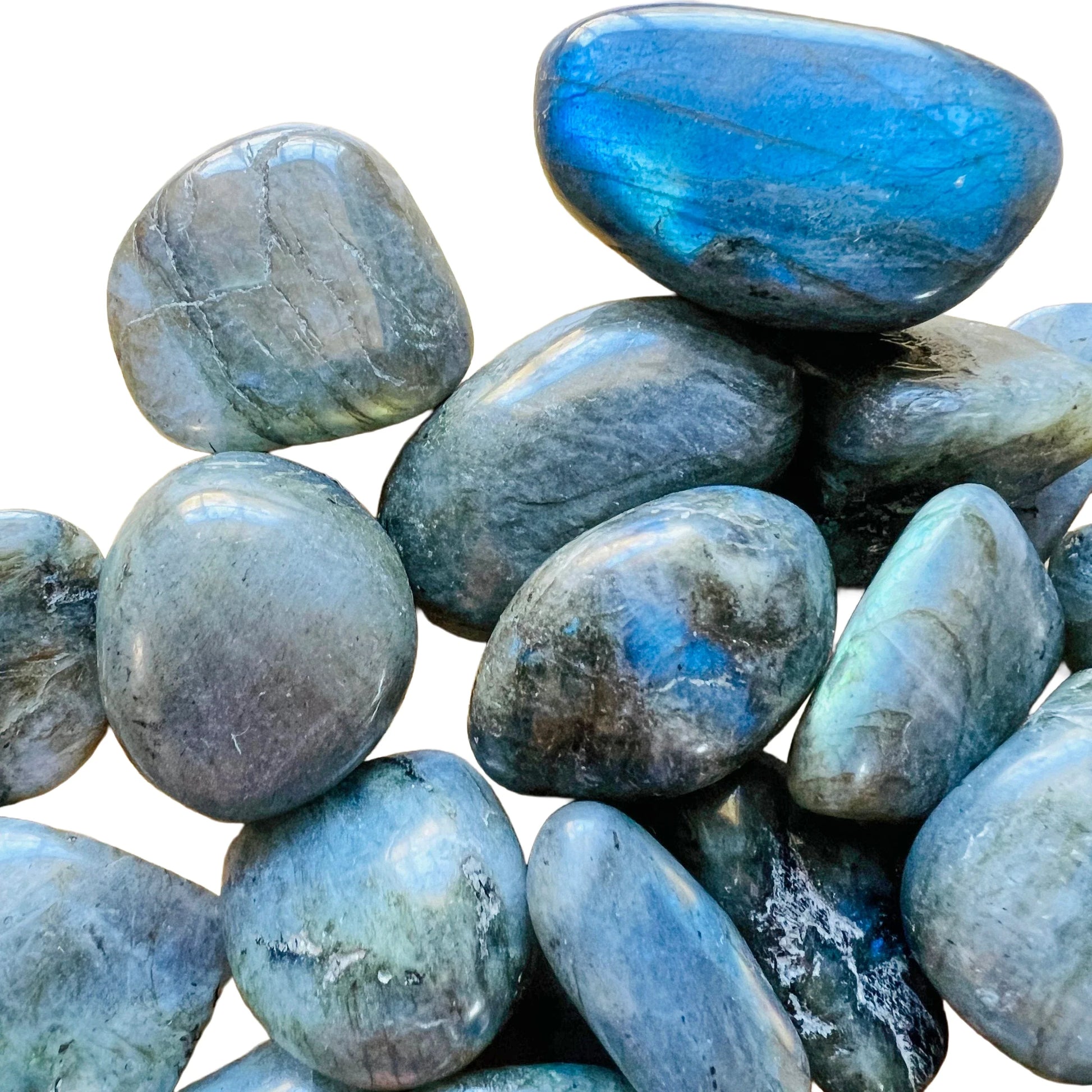 Back view of Grade AA Labradorite tumbled stone, hand-selected from Atsimo-Andrefana, Madagascar, drawn on for Intuition.
