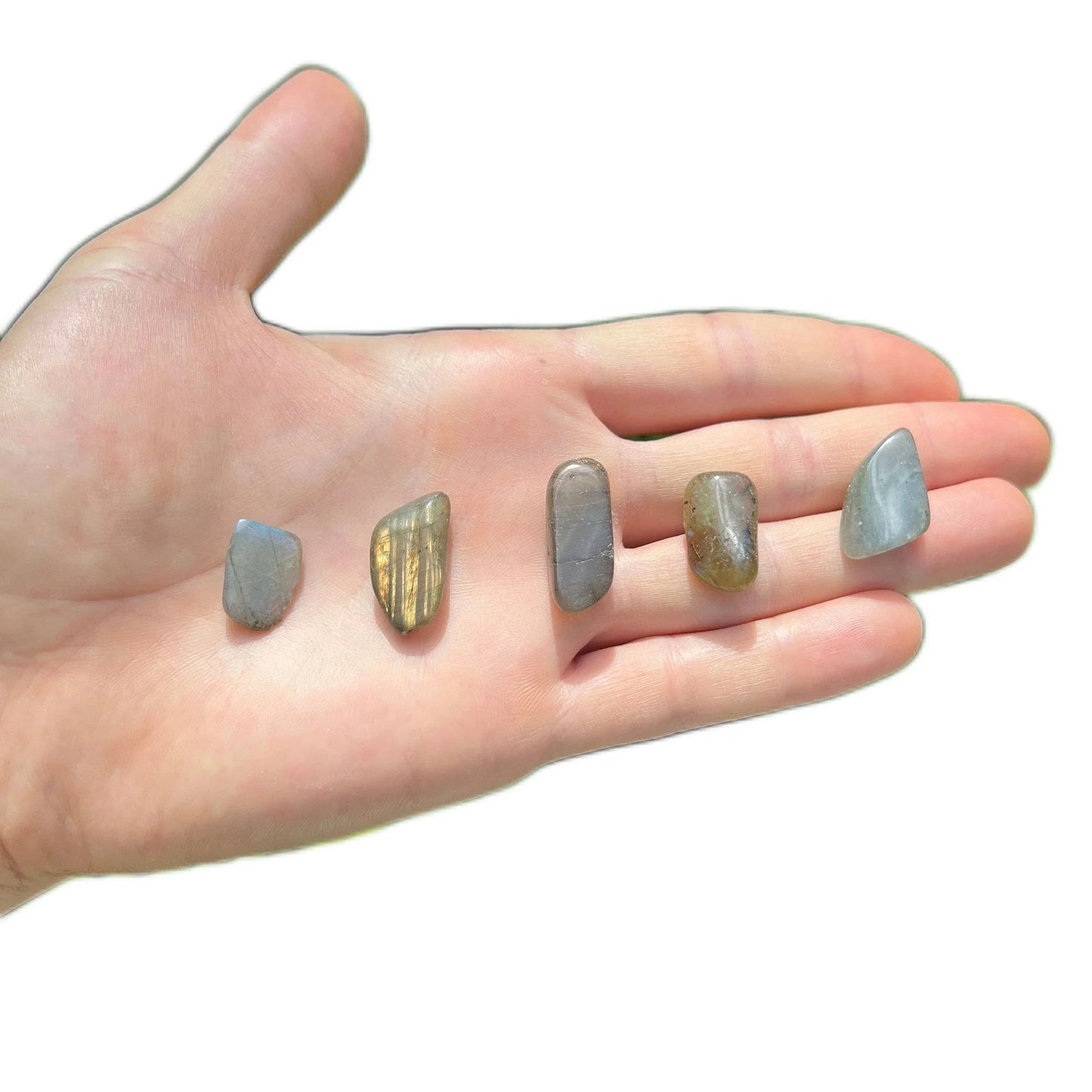 Back view of Grade AA Labradorite tumbled stone showing natural surface