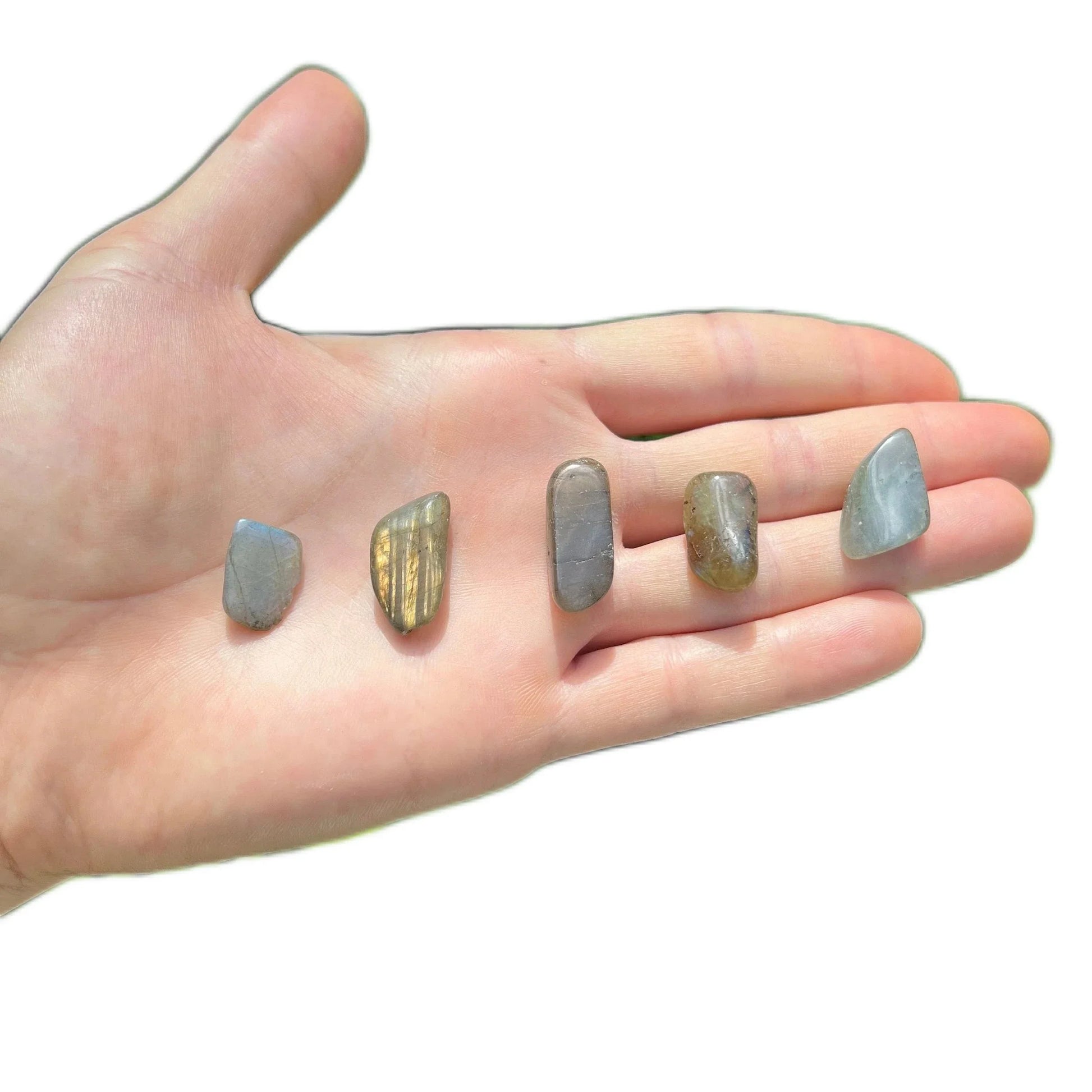 Back view of Grade AA Labradorite tumbled stone showing natural surface
