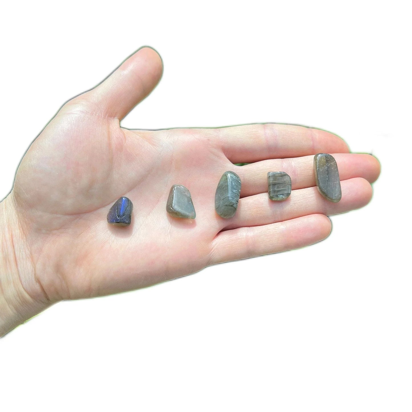 Detail shot of Grade AA Labradorite tumbled stone under natural light