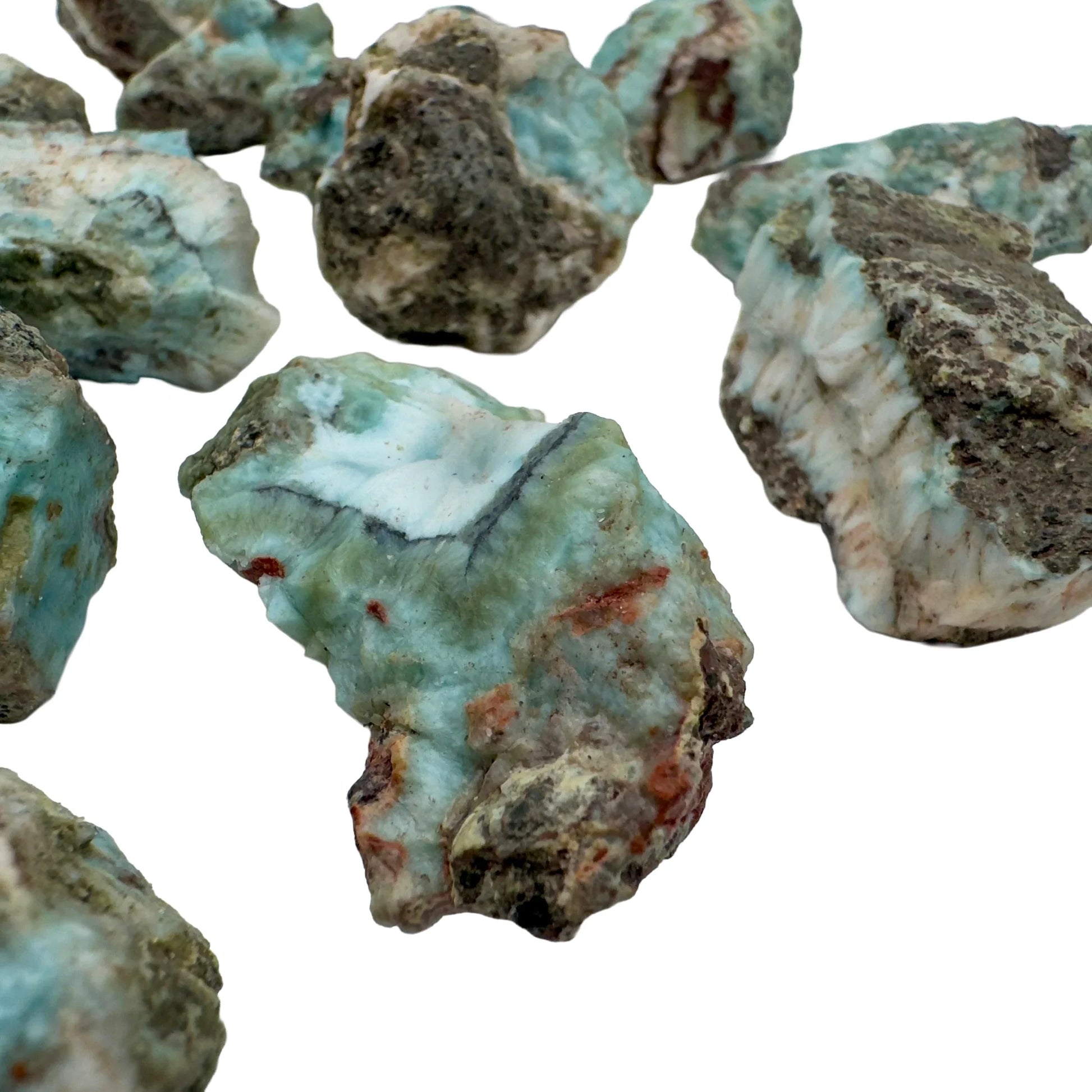 Side angle of Larimar raw stone, from Dominican Republic, for Stress Relief.