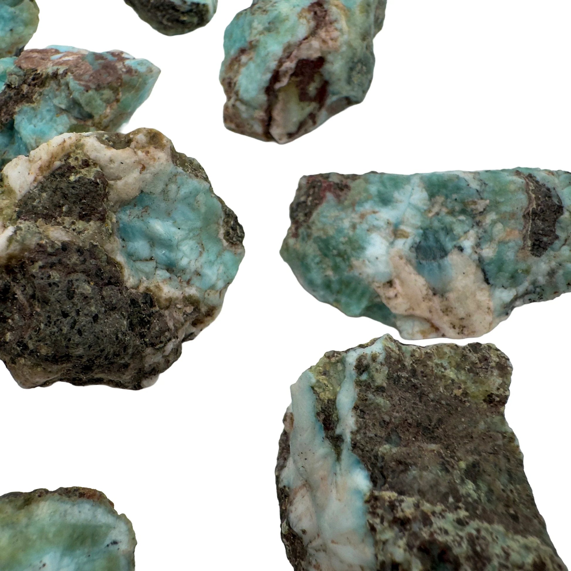 Back view of Grade A Larimar raw stone, from Dominican Republic, turned to for Stress Relief.