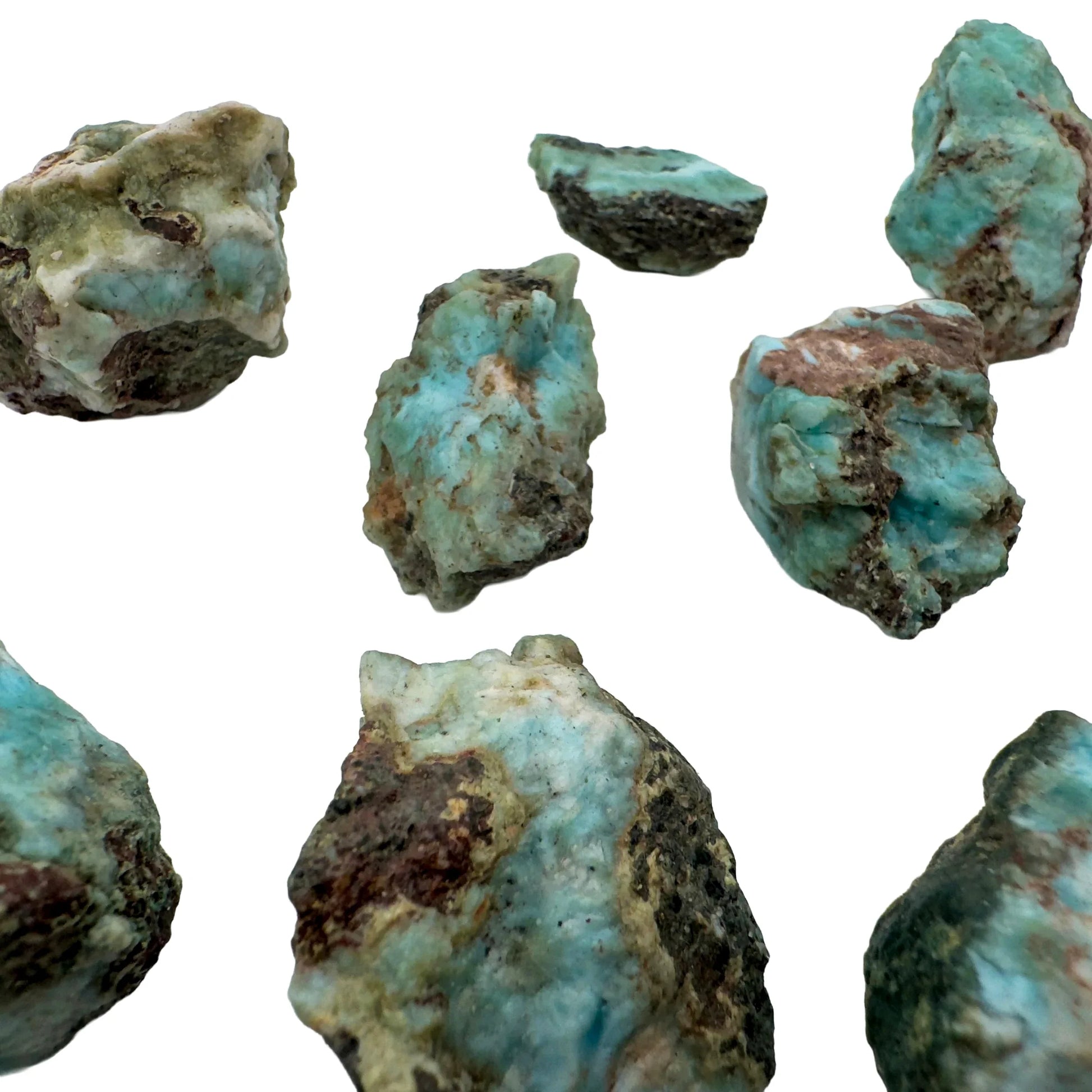 Hand-scale shot of a Larimar raw stone often paired with practices around Stress Relief, from Barahona Province, Dominican.