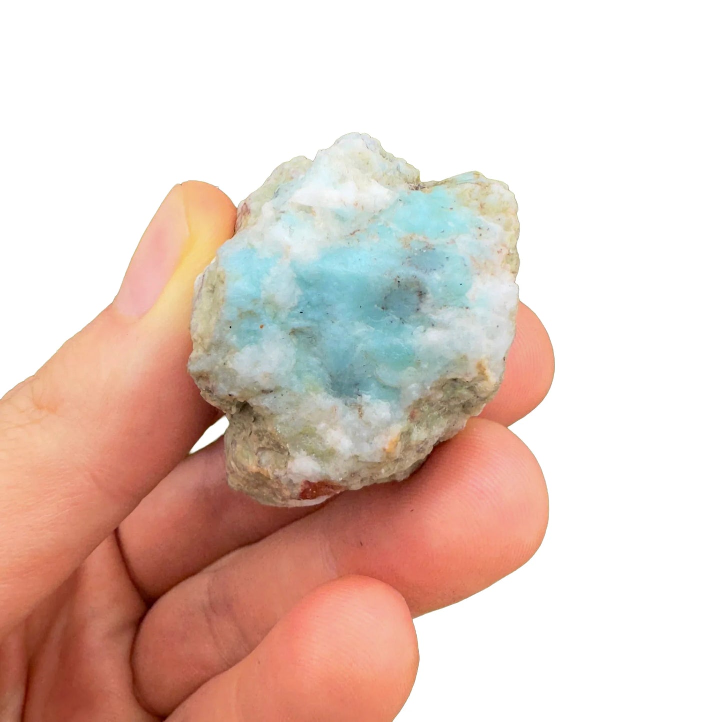 Profile shot of Larimar raw stone, hand-selected from Barahona Province, Dominican Republic, showing natural form.