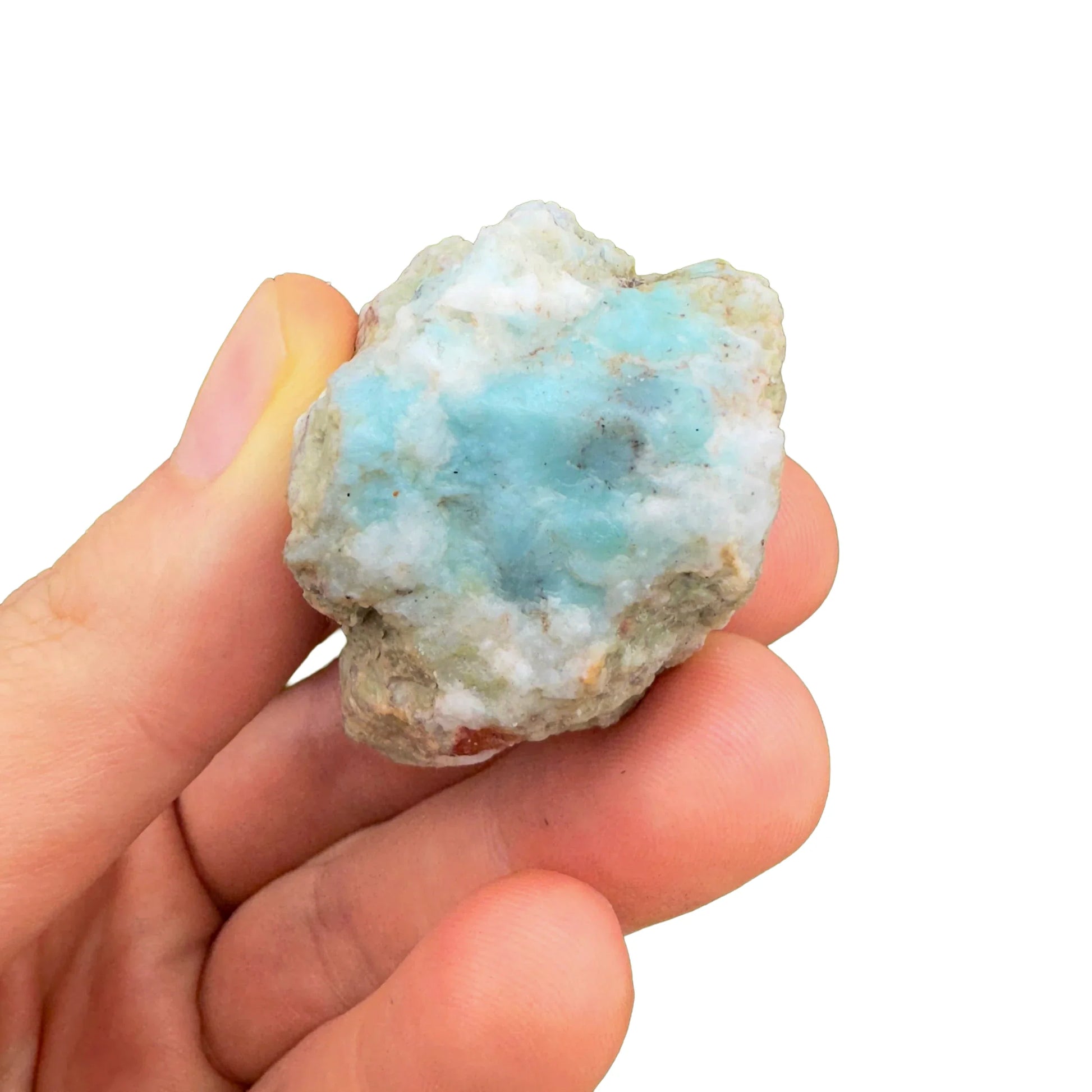 Profile shot of Larimar raw stone, hand-selected from Barahona Province, Dominican Republic, showing natural form.
