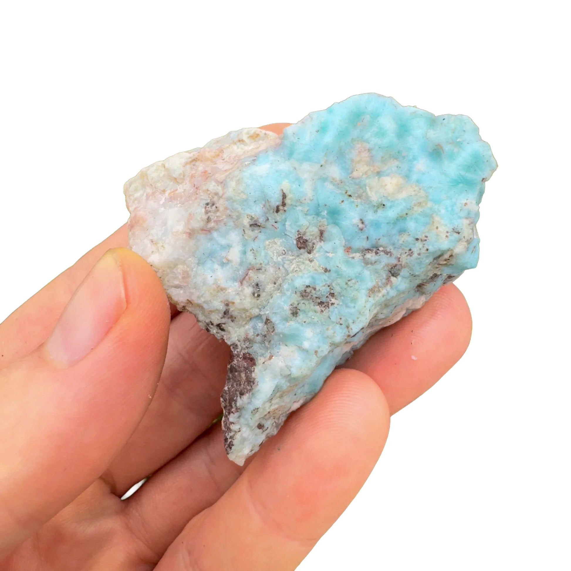 Reverse side of Larimar raw stone, showing characteristic finish.