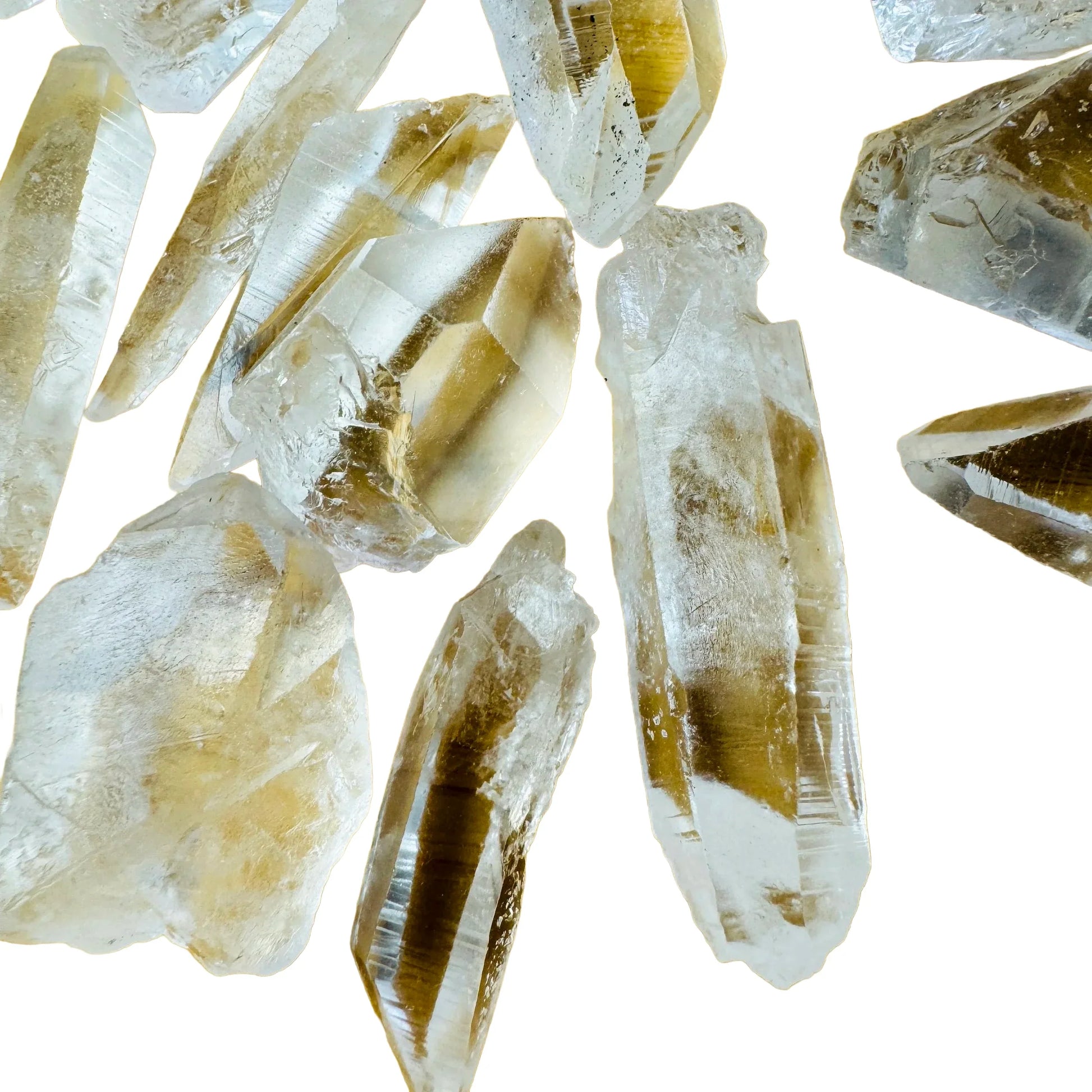 Top-down shot of Grade AA Lemurian Quartz raw point, showing characteristic patterning, for Meditation and Intuition.