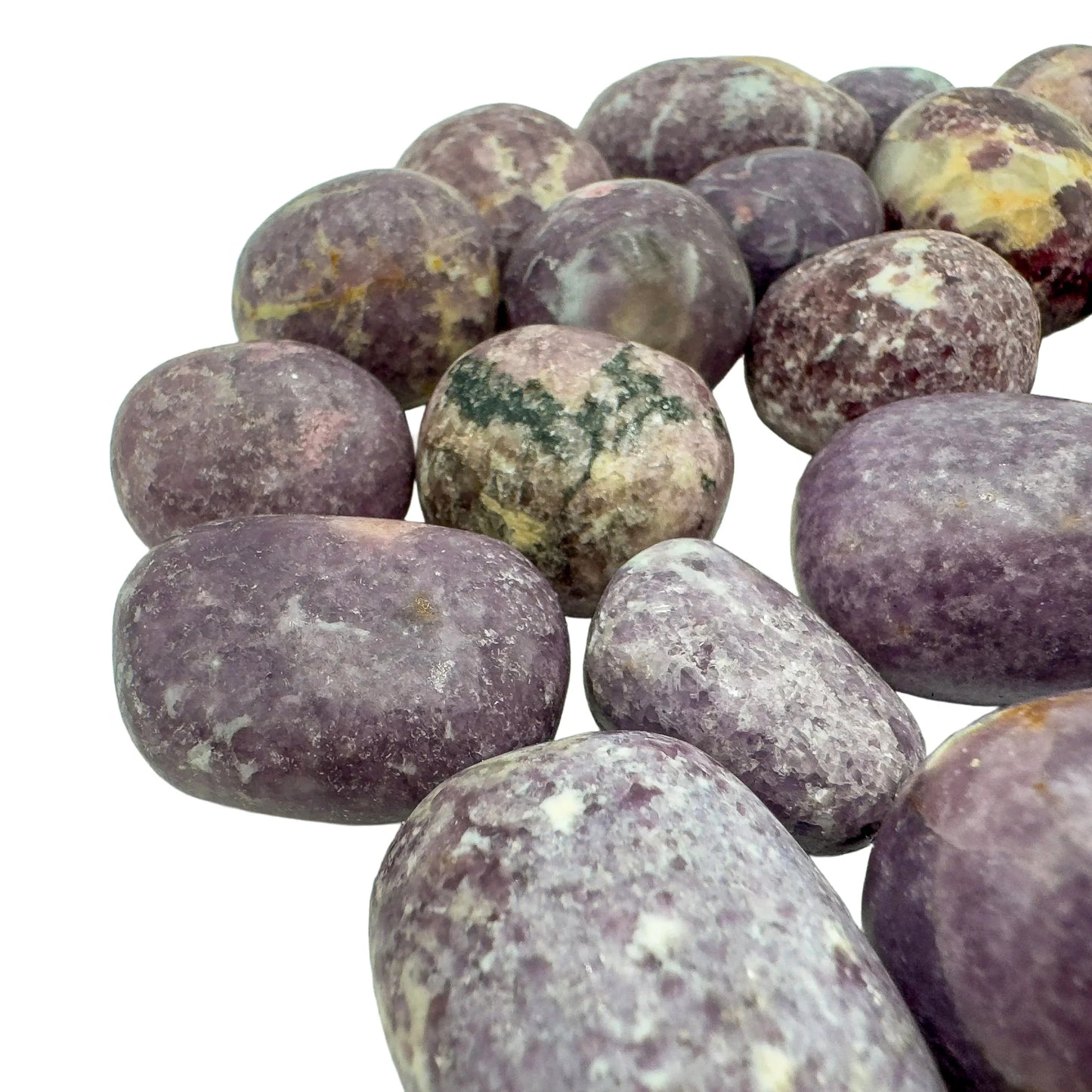 Side angle of Lepidolite tumbled stone, often kept for Stress Relief and Emotional Healing.