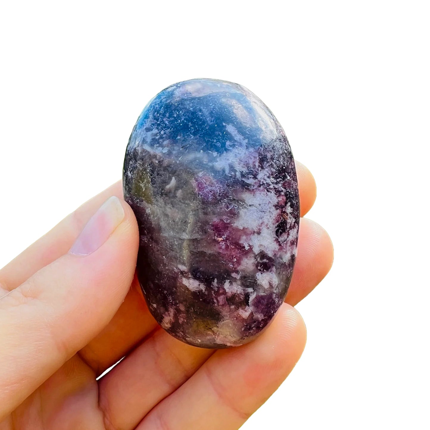 Top-side view of Lepidolite palm stone, showing characteristic patterning, sourced from Vakinankaratra, Madagascar.