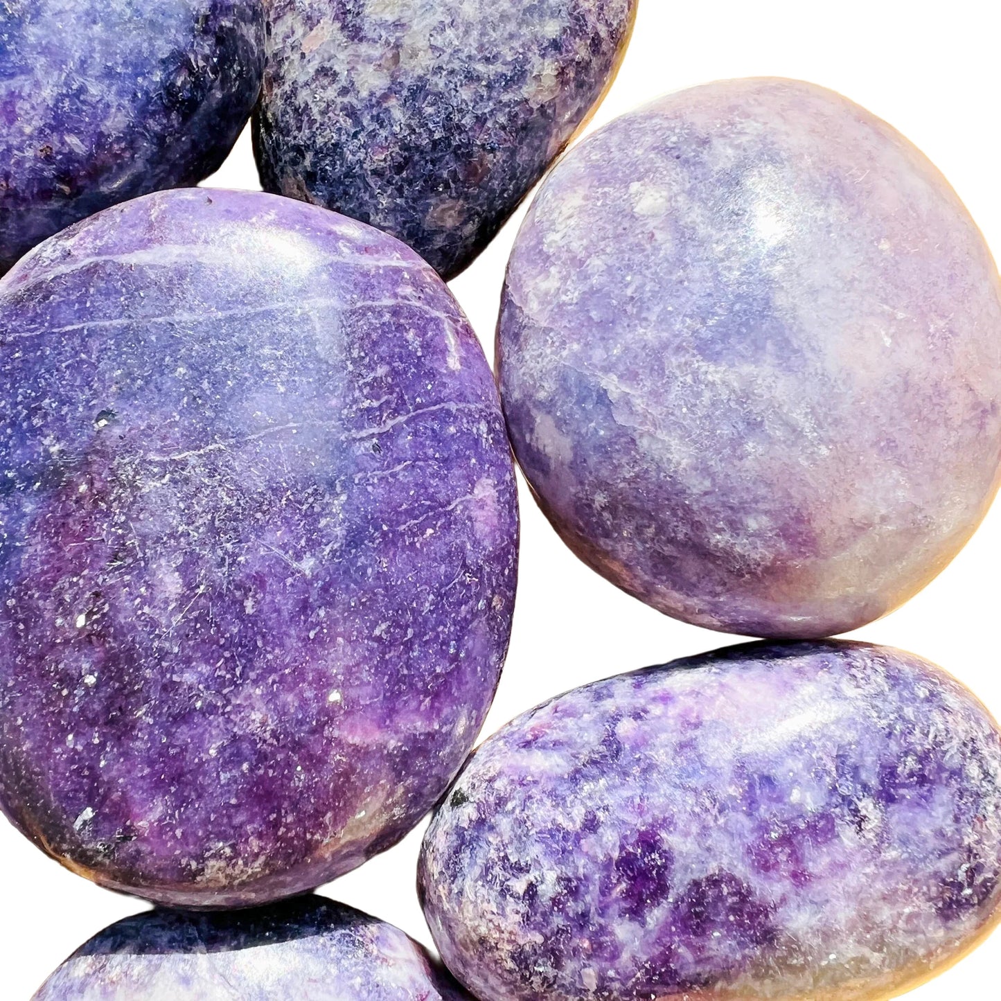 Full profile of Grade AA Lepidolite palm stone ready to ship from Beyond Bohemian