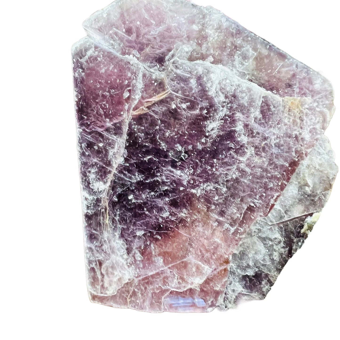 Top view of Lepidolite raw stone, showing open form, sourced from Brazil.