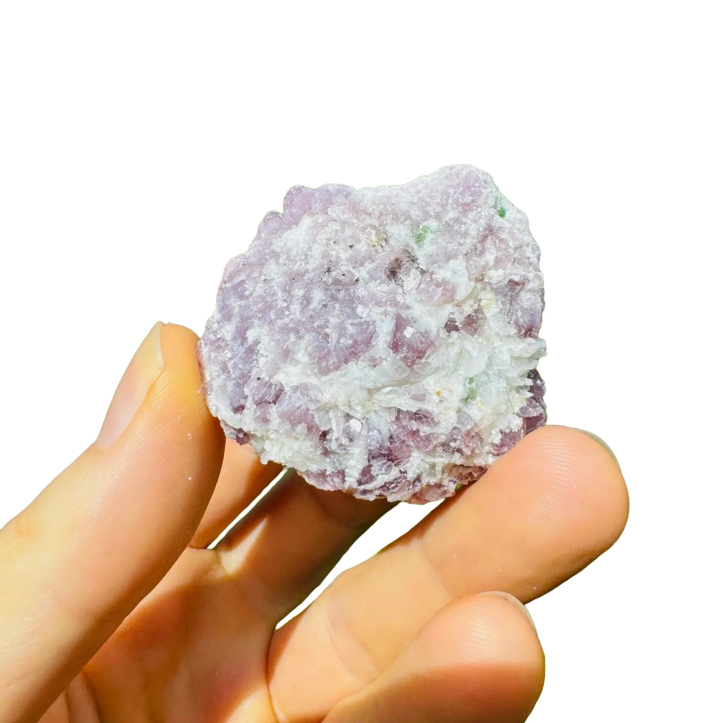 Hand-scale view of Lepidolite specimen, from Minas Gerais, Brazil, with subtle natural color showing through.