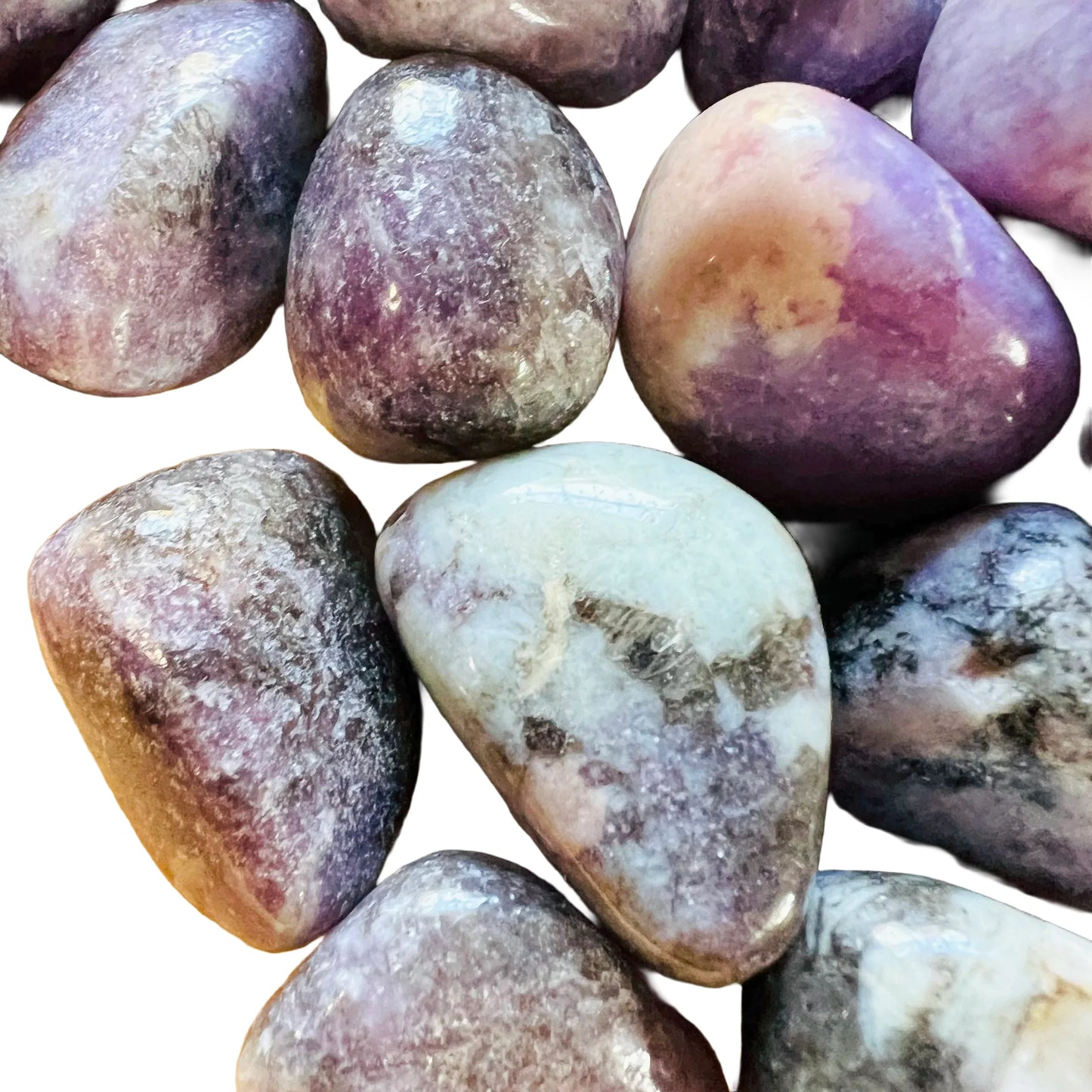 Side angle of Lepidolite tumbled stone, showing characteristic finish.