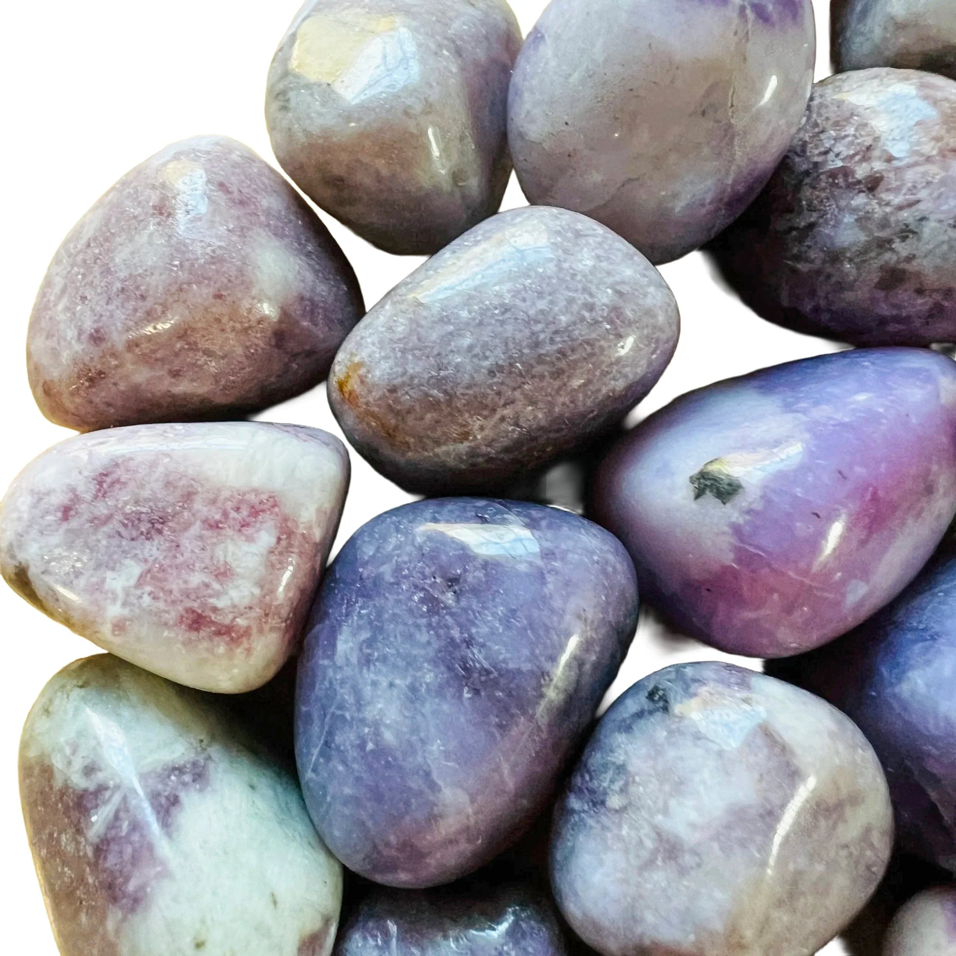 Overhead view of purple Lepidolite tumbled stone, often kept for Stress Relief.