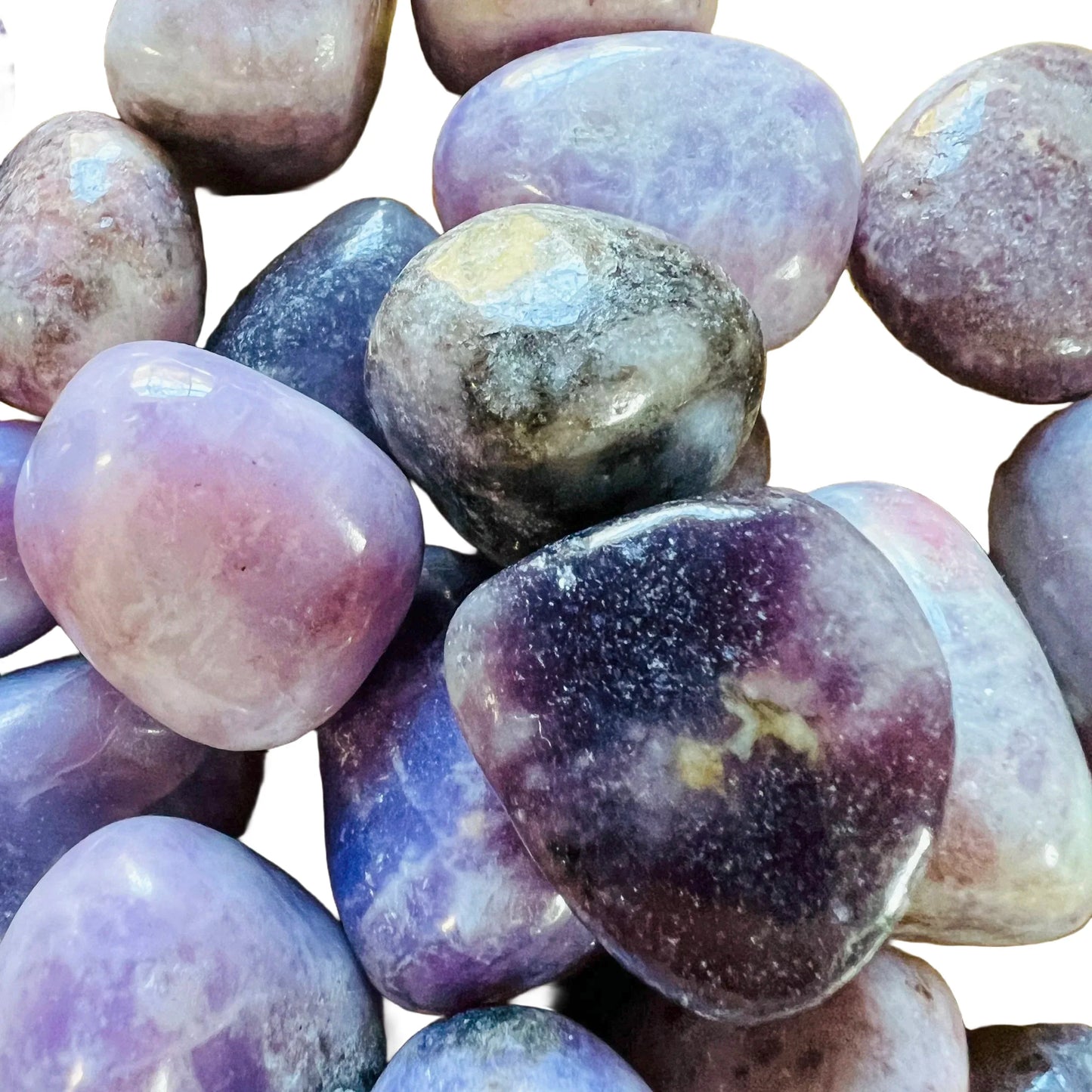 Bottom side of Lepidolite tumbled stone, turned to for Stress Relief and Emotional Healing.