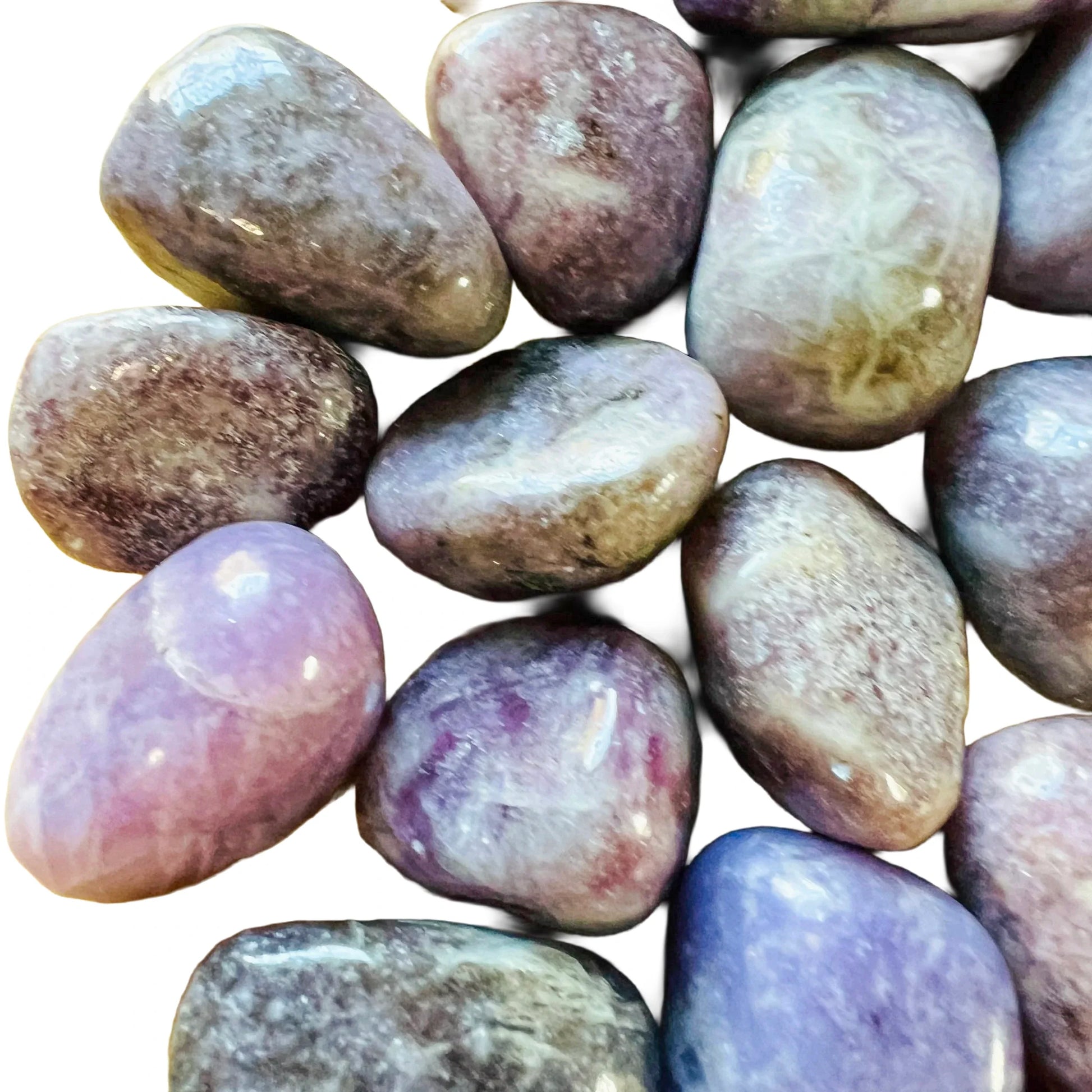 Side angle of Grade A Lepidolite tumbled stone, showing natural texture.