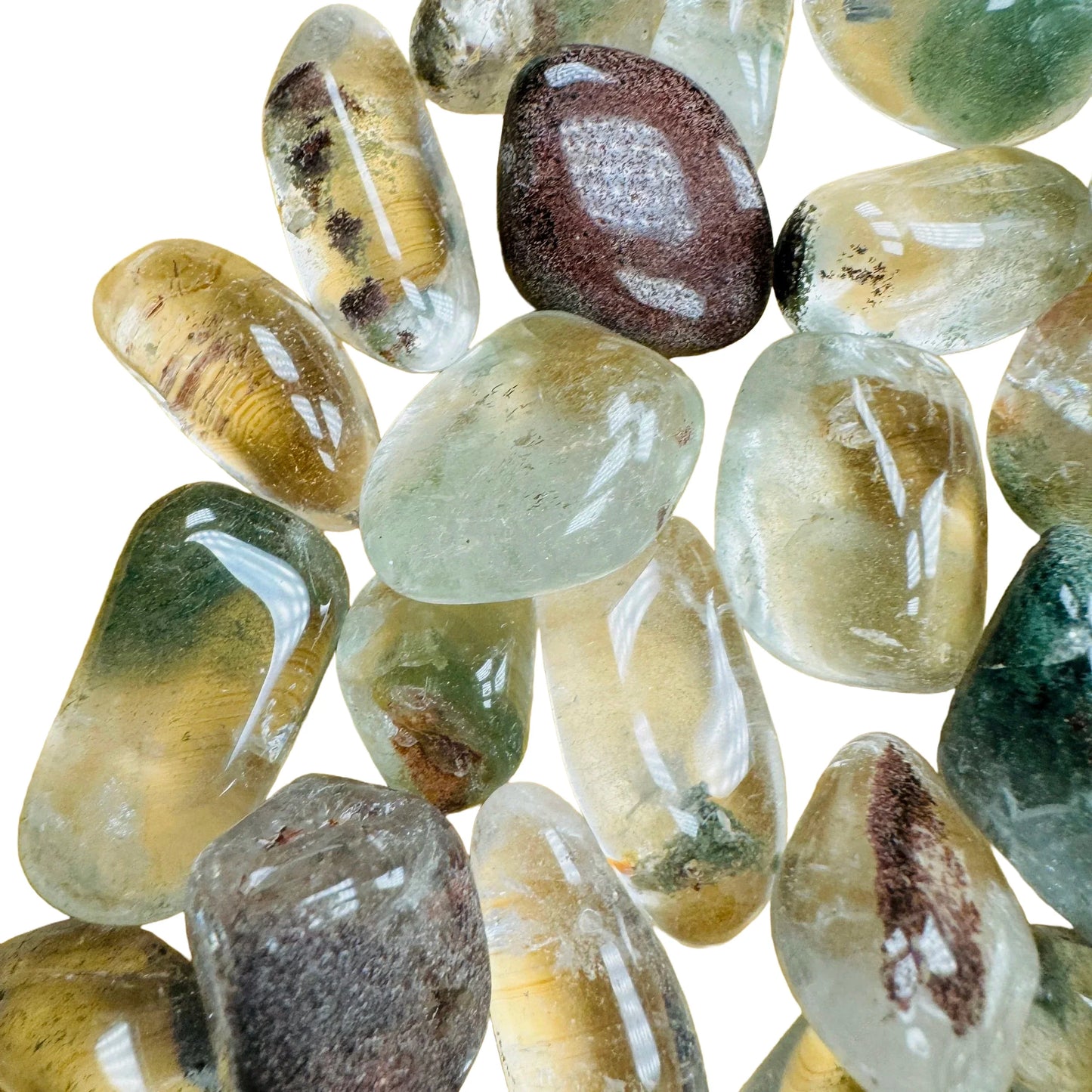 Side-on view of Lodolite tumbled stone, showing soft luster.