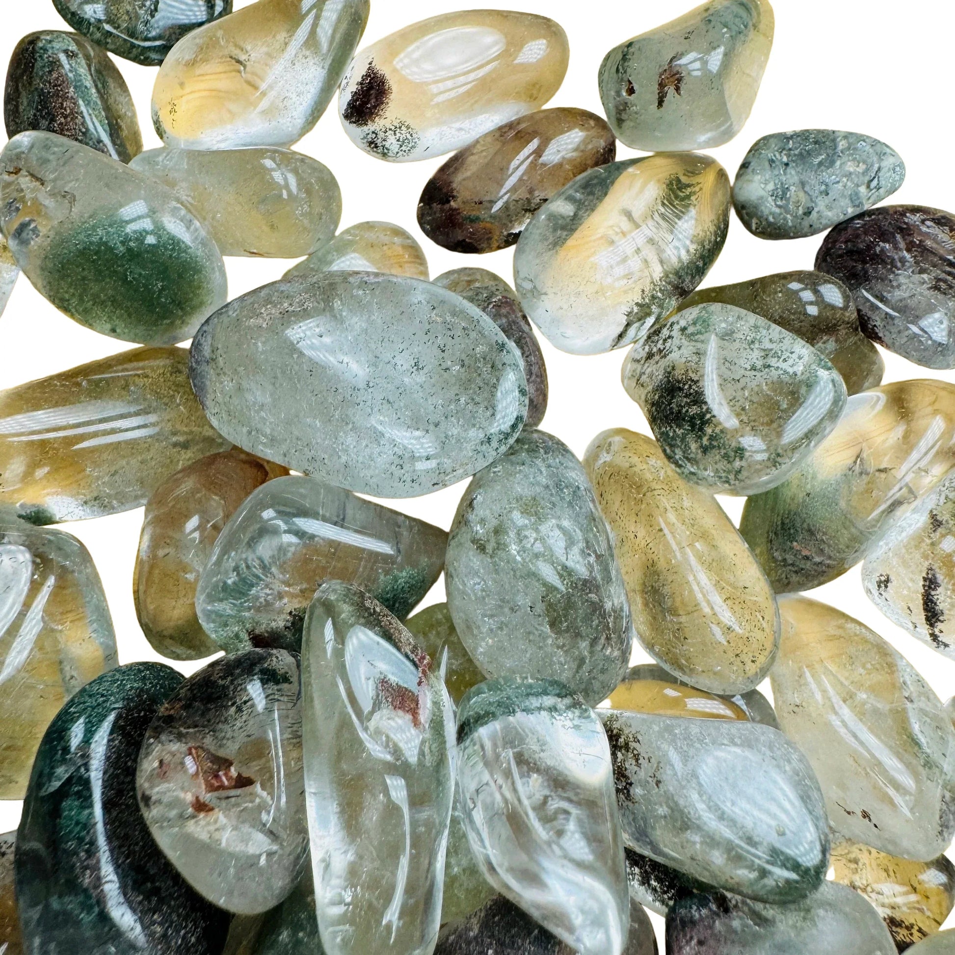 Reverse side of Lodolite tumbled stone, showing natural sheen.