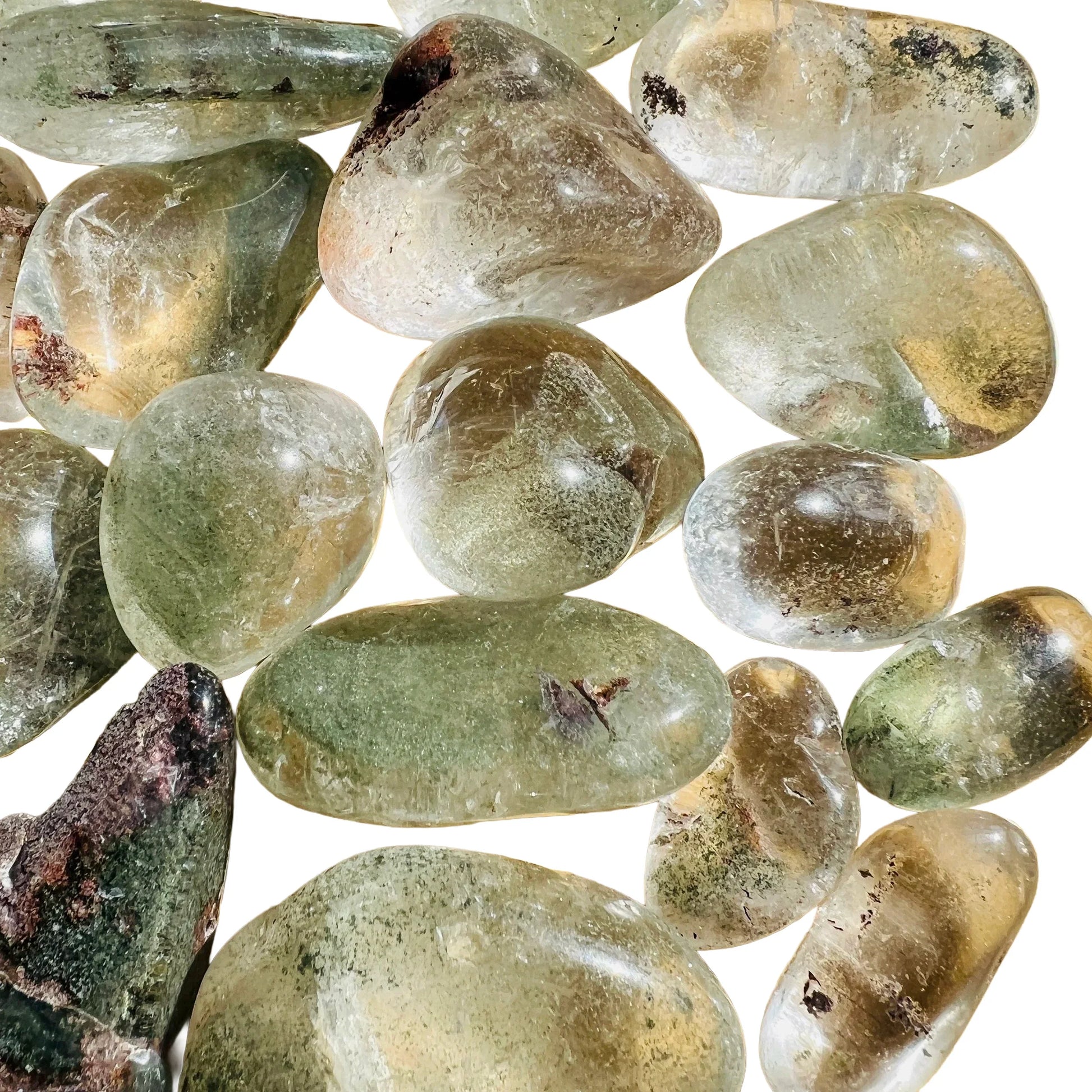 Close detail of Lodolite tumbled stone, sourced from Brazil.