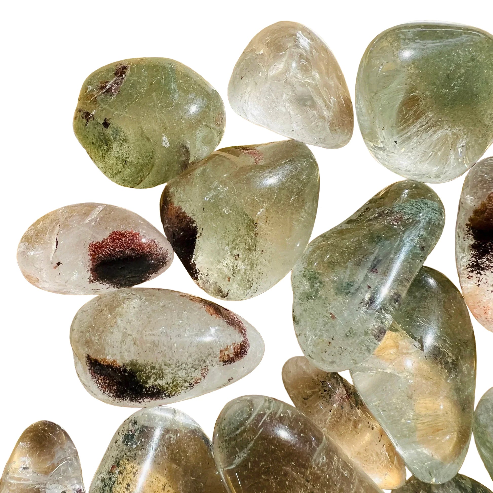 Edge-on view of Grade AA Lodolite tumbled stone, hand-selected from Brazil, often kept for Dreaming.