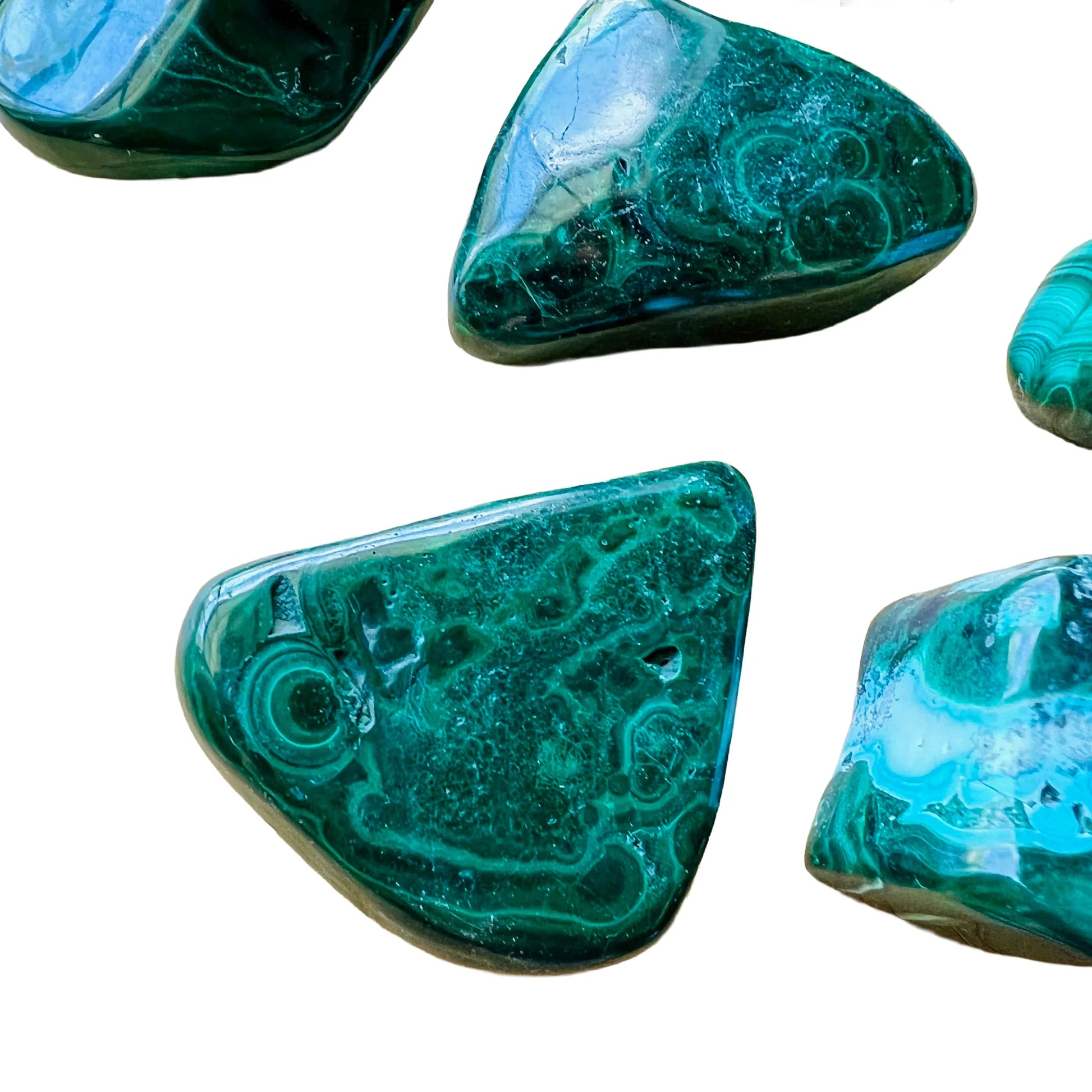 Companion image of Malachite tumbled stone, from Haut-Katanga, Democratic Republic of the Congo, showing the full body of the piece.