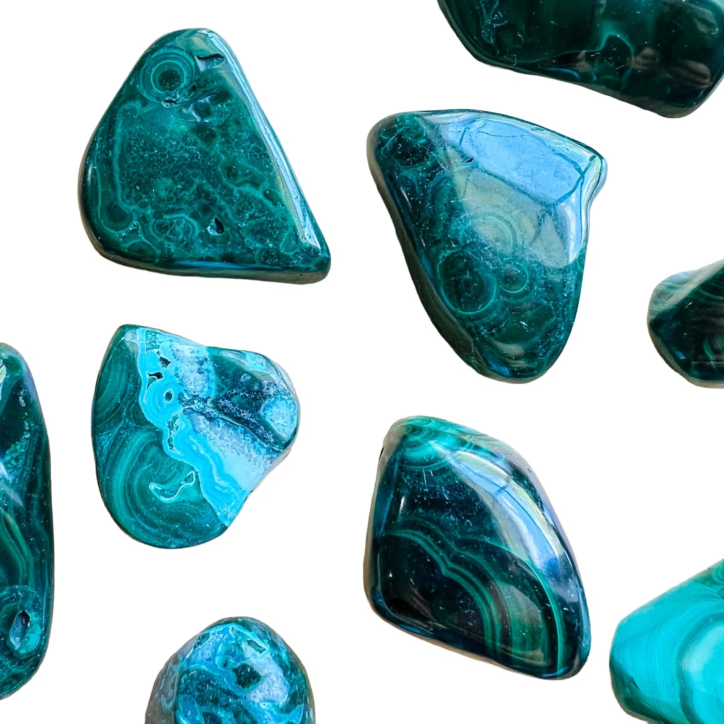 Full profile of Grade AA Malachite tumbled stone ready to ship from Beyond Bohemian