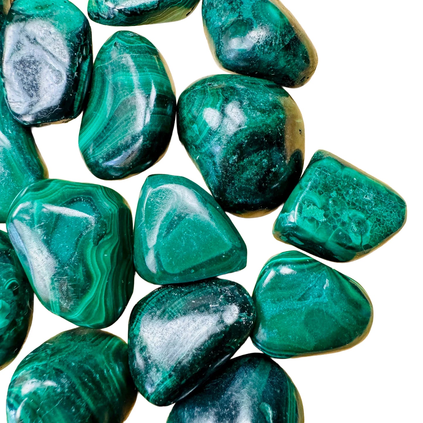 Near view of Malachite tumbled stone, often worked with for Emotional Healing.