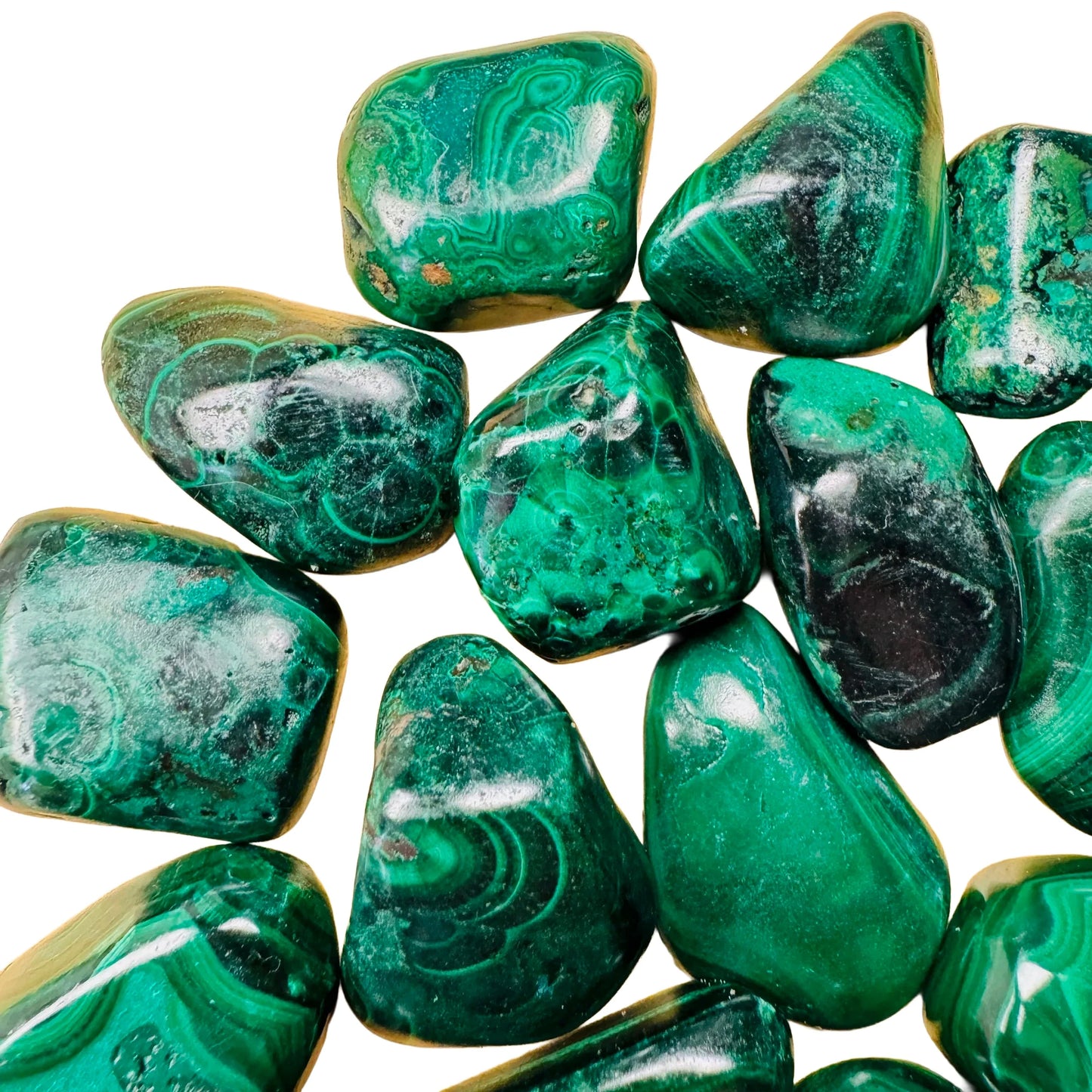 Aerial view of Malachite tumbled stone, Democratic Republic of the Congo-sourced, showing natural variation.