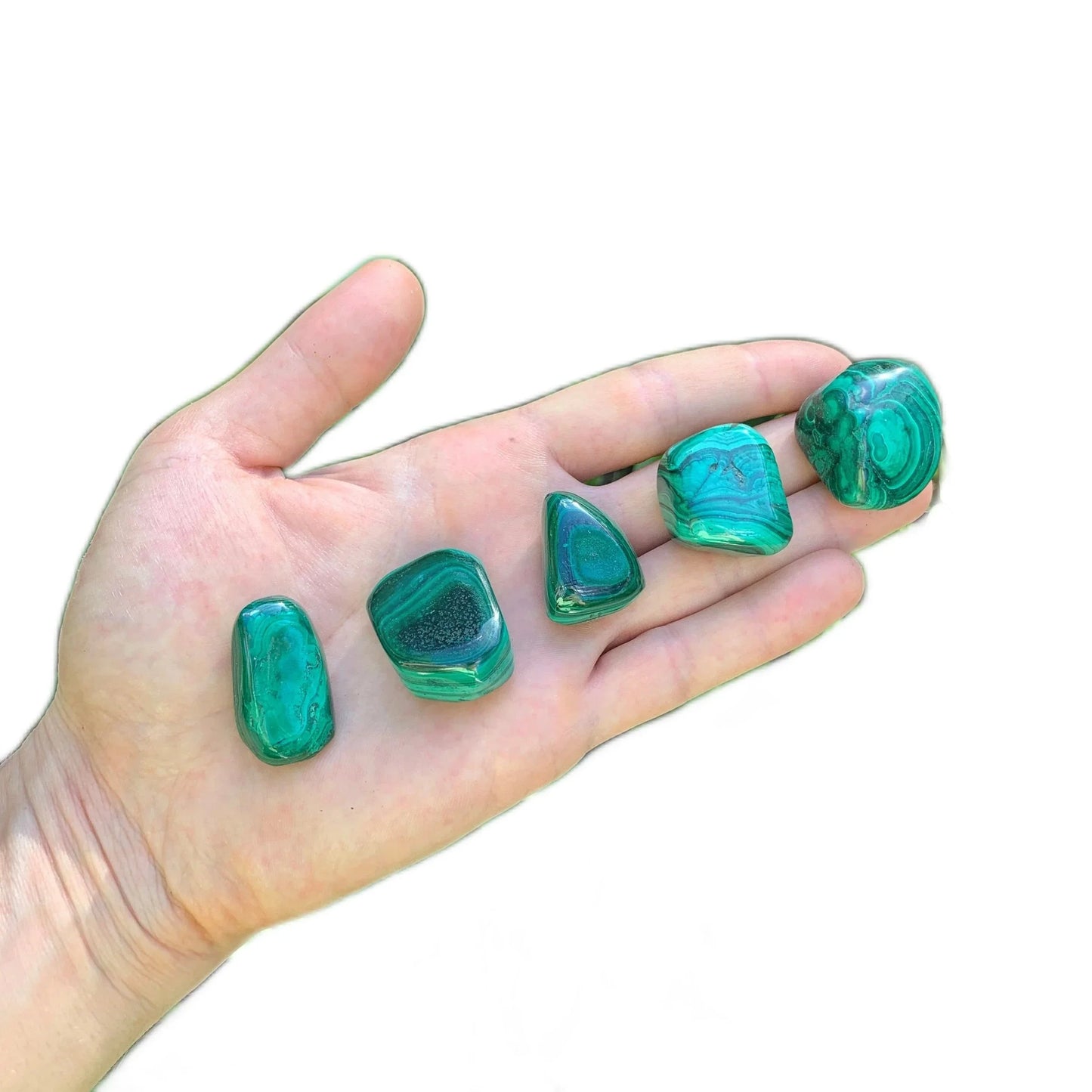 Full profile of Grade AA Malachite tumbled stone ready to ship from Beyond Bohemian