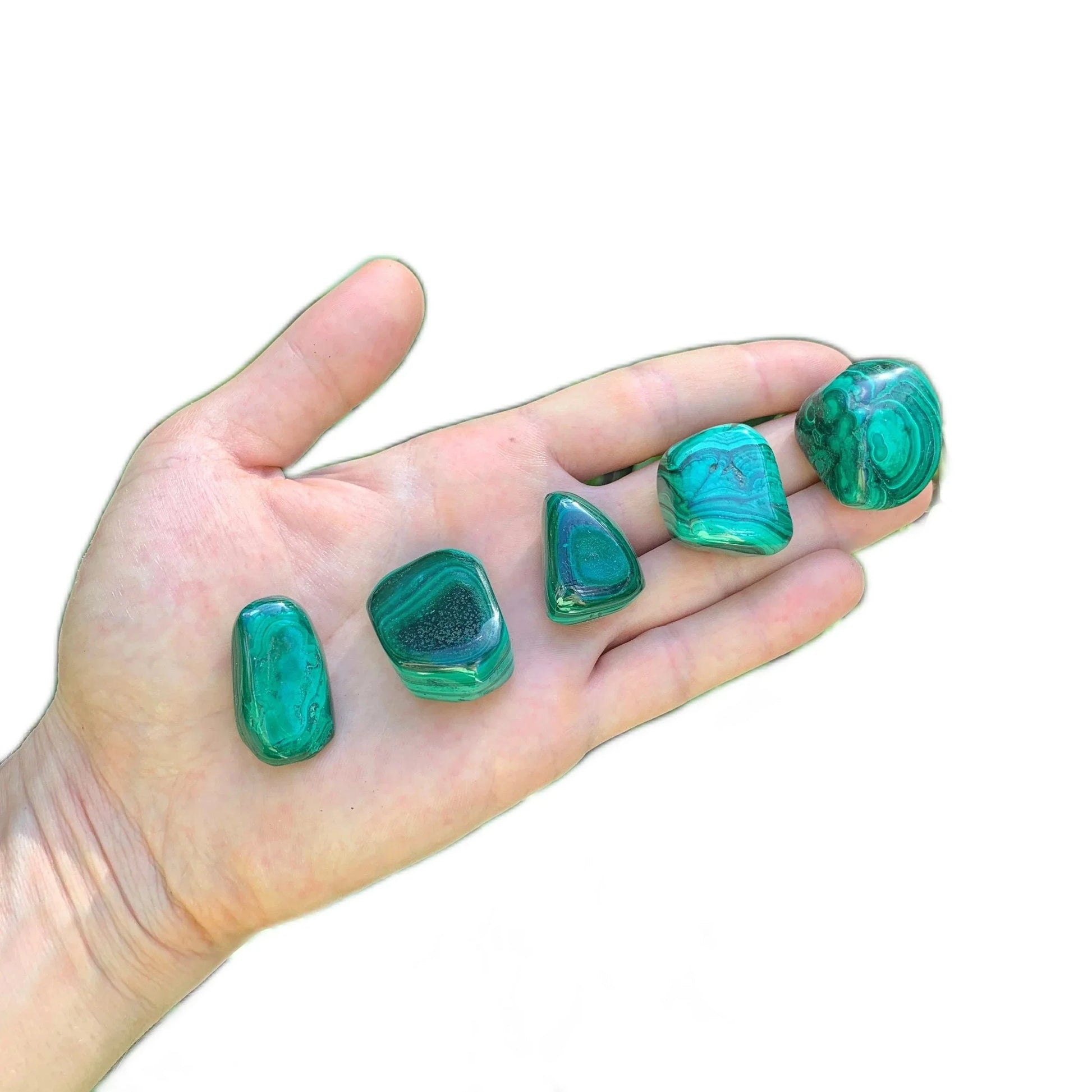 Full profile of Grade AA Malachite tumbled stone ready to ship from Beyond Bohemian