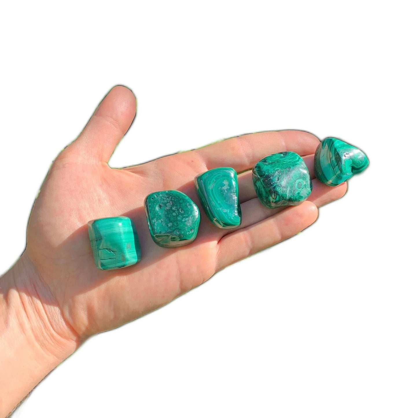 Full profile of Grade AA Malachite tumbled stone ready to ship from Beyond Bohemian