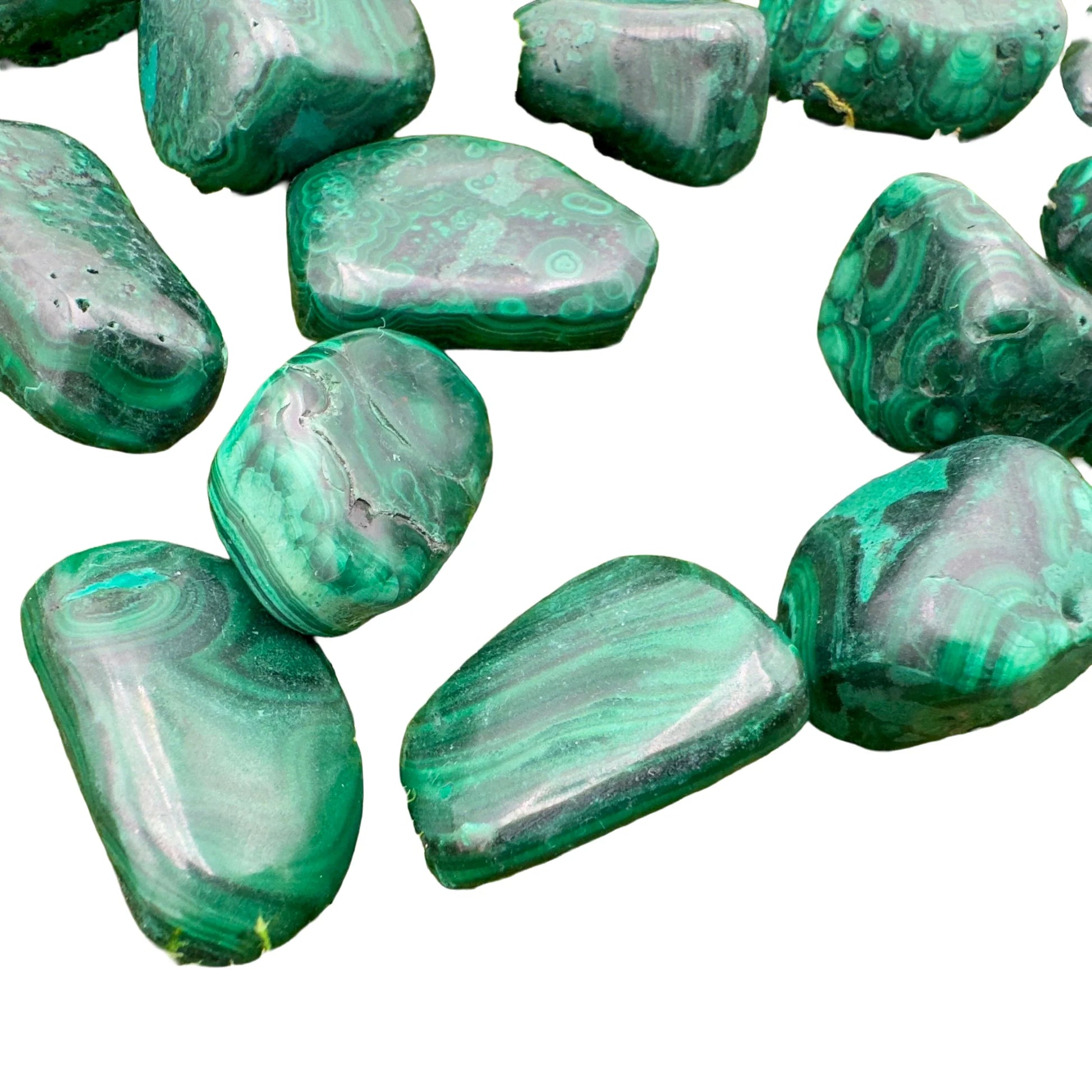 Full profile of Grade AA Malachite tumbled stone ready to ship from Beyond Bohemian