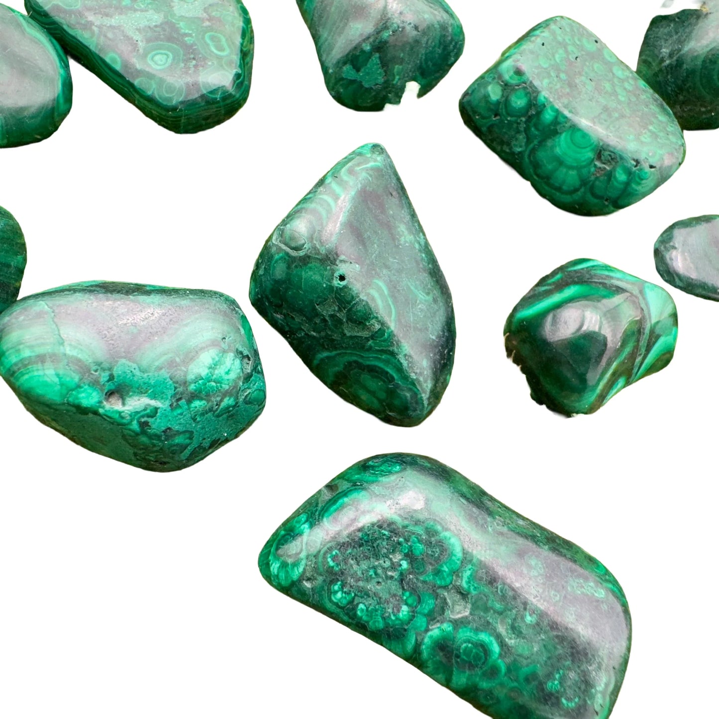 Full profile of Grade AA Malachite tumbled stone ready to ship from Beyond Bohemian