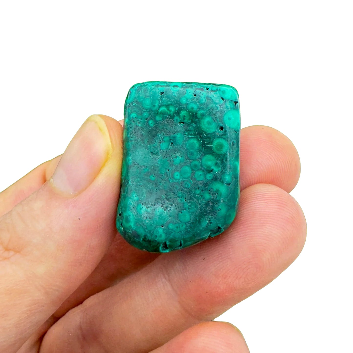 Full profile of Grade AA Malachite tumbled stone ready to ship from Beyond Bohemian