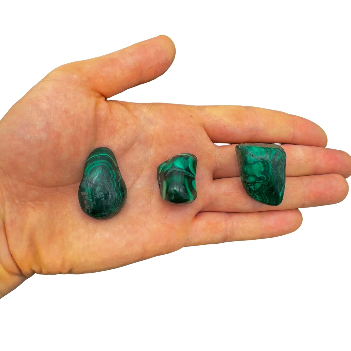 Full profile of Grade AA Malachite tumbled stone ready to ship from Beyond Bohemian