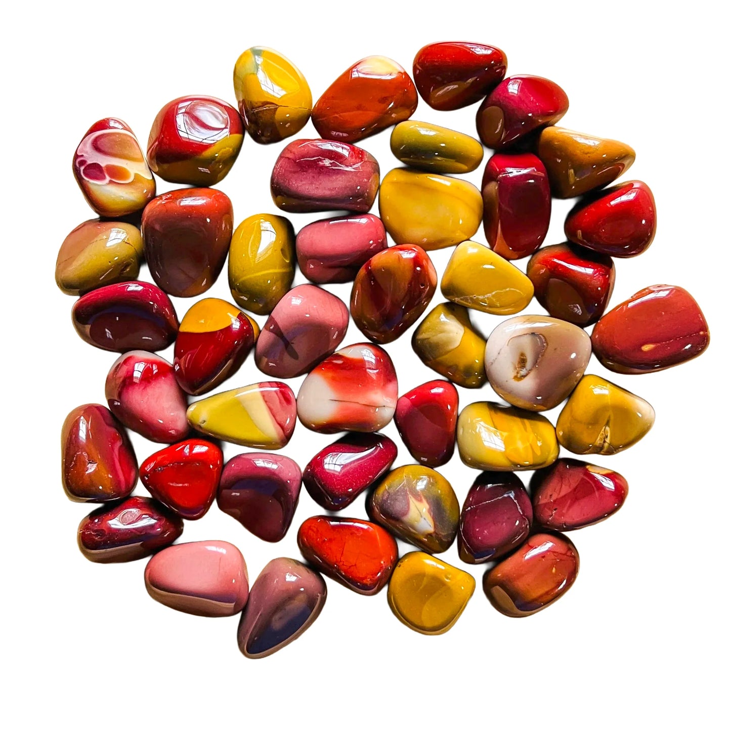 Grouping of Mookaite jasper tumbles, Grade AA, natural ochre and burgundy coloration