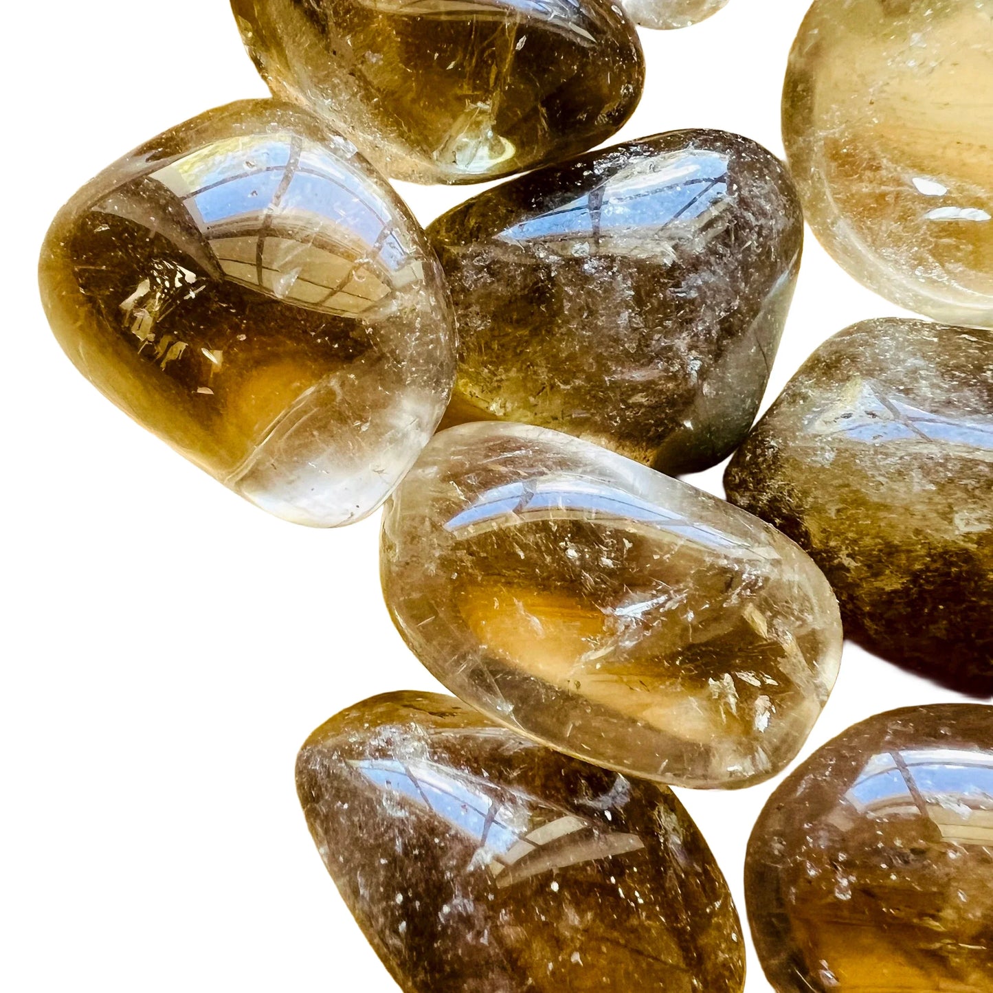 Alternate angle of Natural Citrine tumbled stone, showing natural sheen.